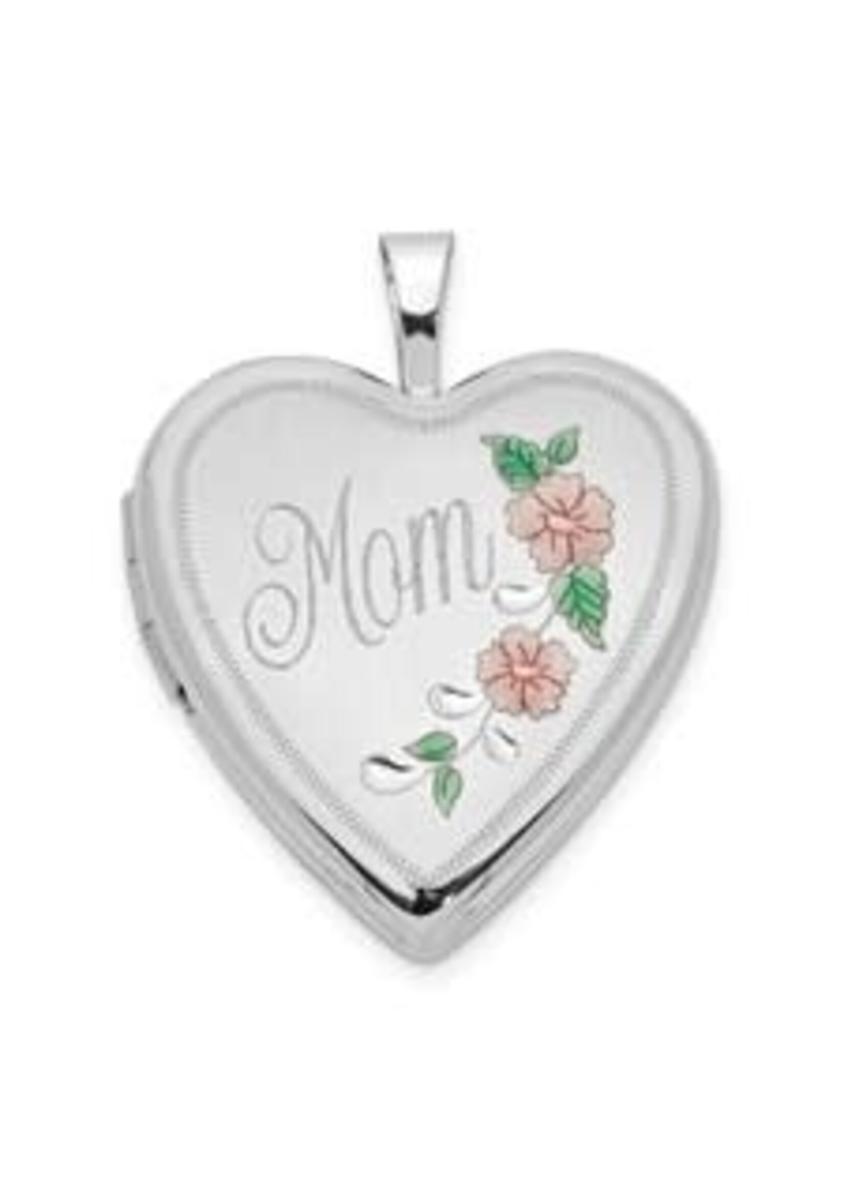 14K 20mm White Gold Enamel Flowers Mom Heart Locket