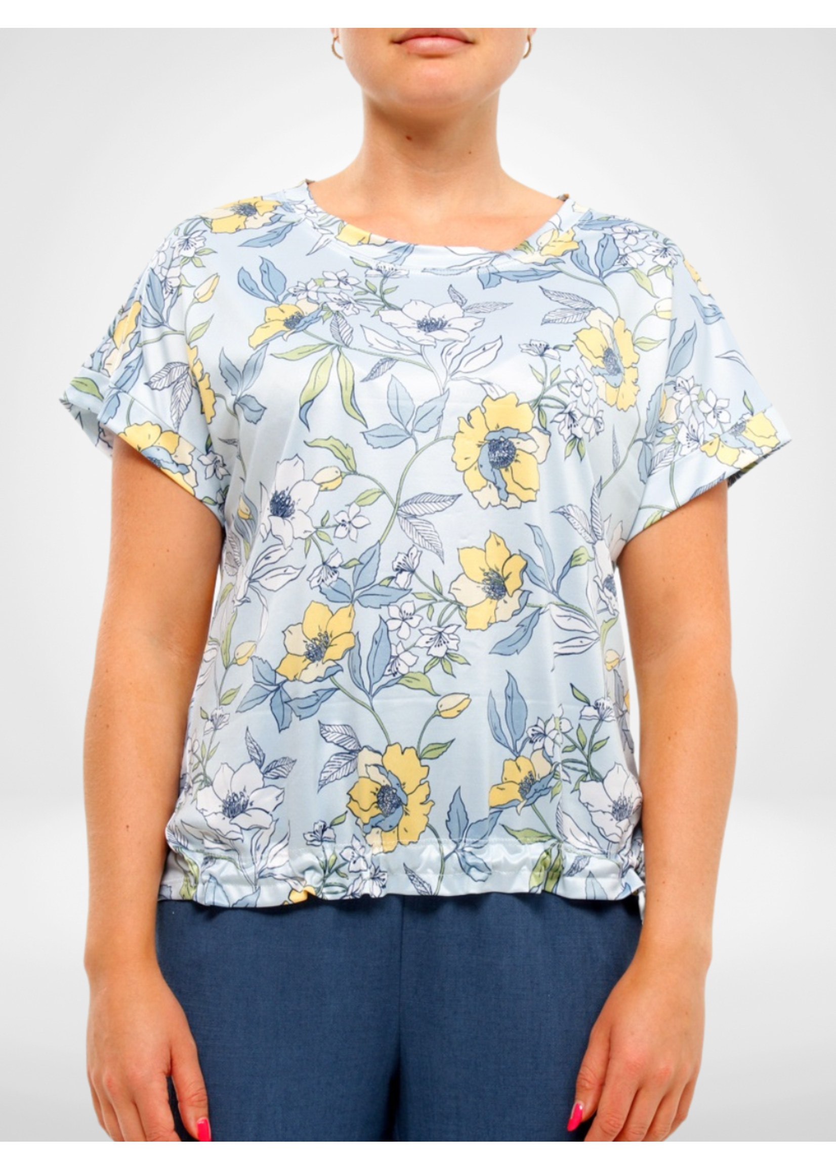 Multi Floral Print, High V Ruched Detail Top