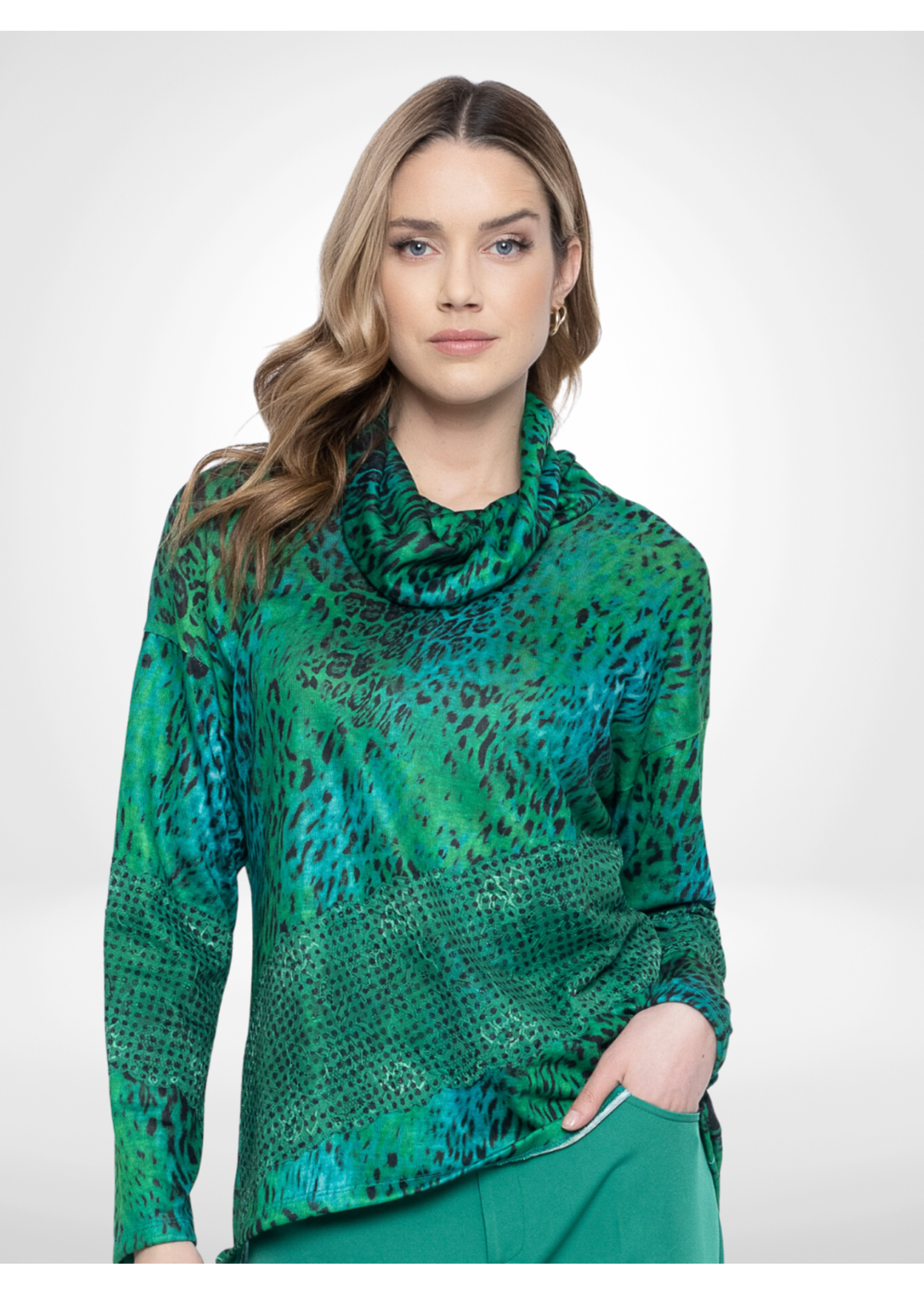Picadilly Cowl Neck Lace Trim Emerald Top