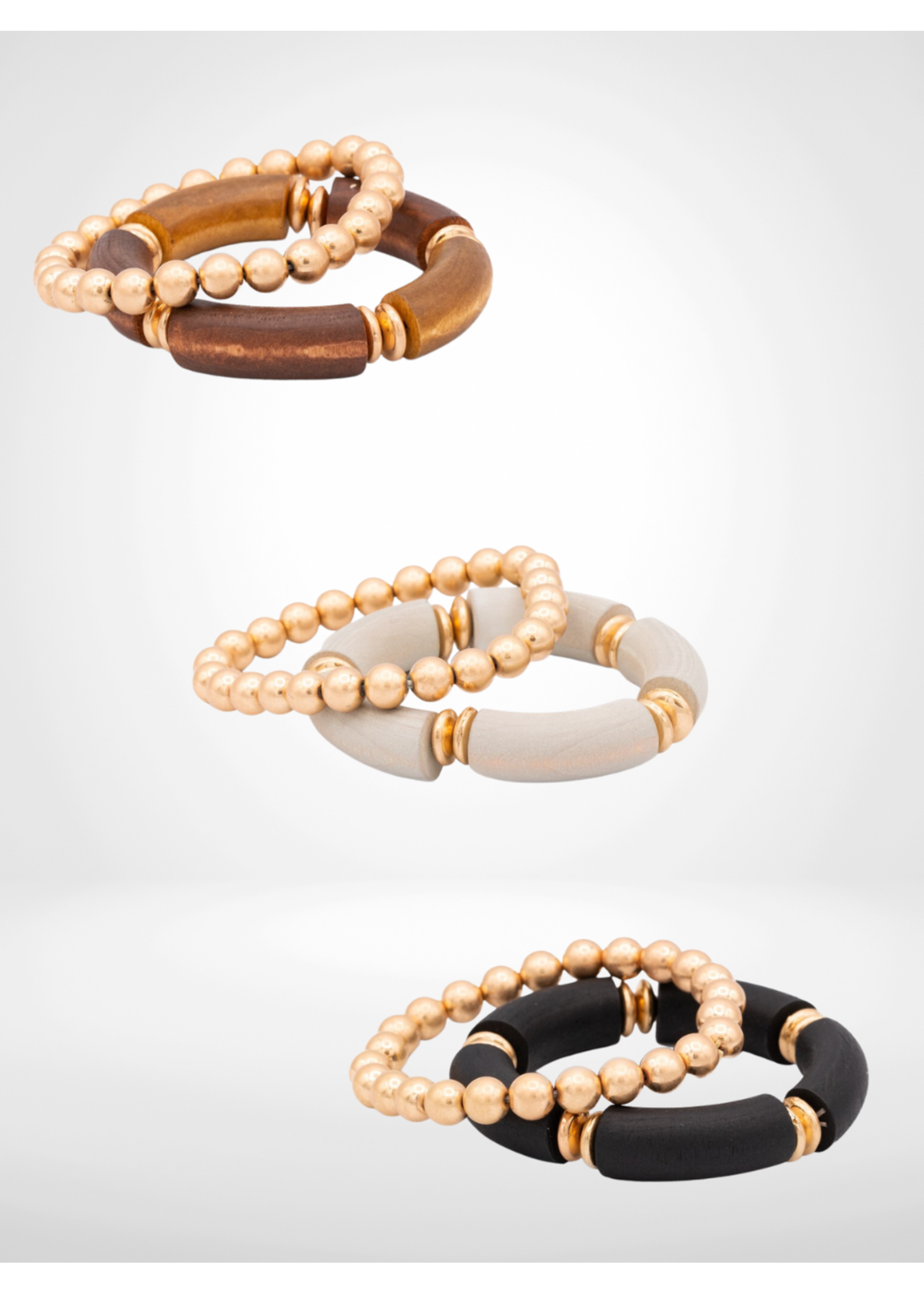 Caracol Set Of 2 Wood & Metal Elastic Bracelets