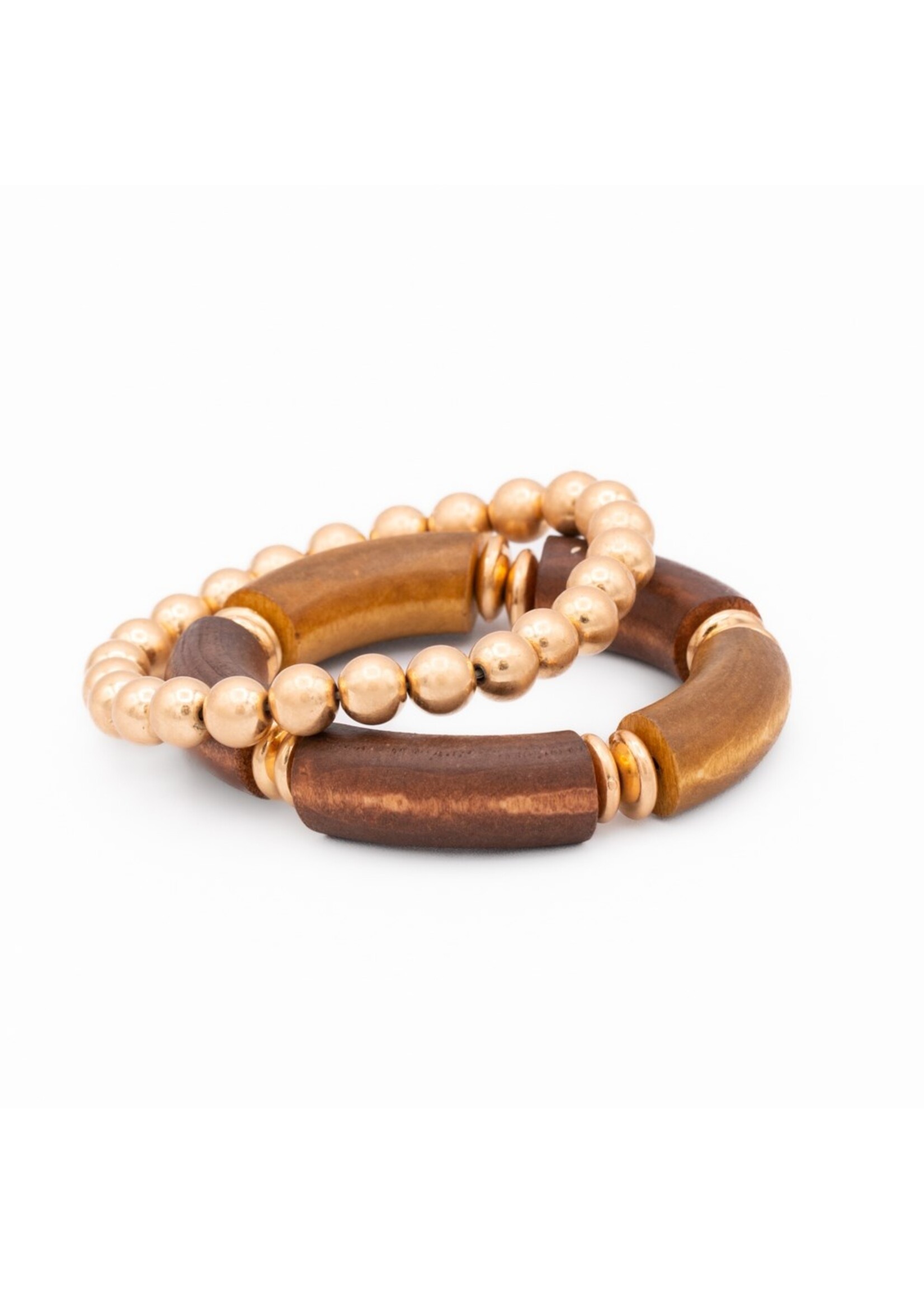 Caracol Set Of 2 Wood & Metal Elastic Bracelets