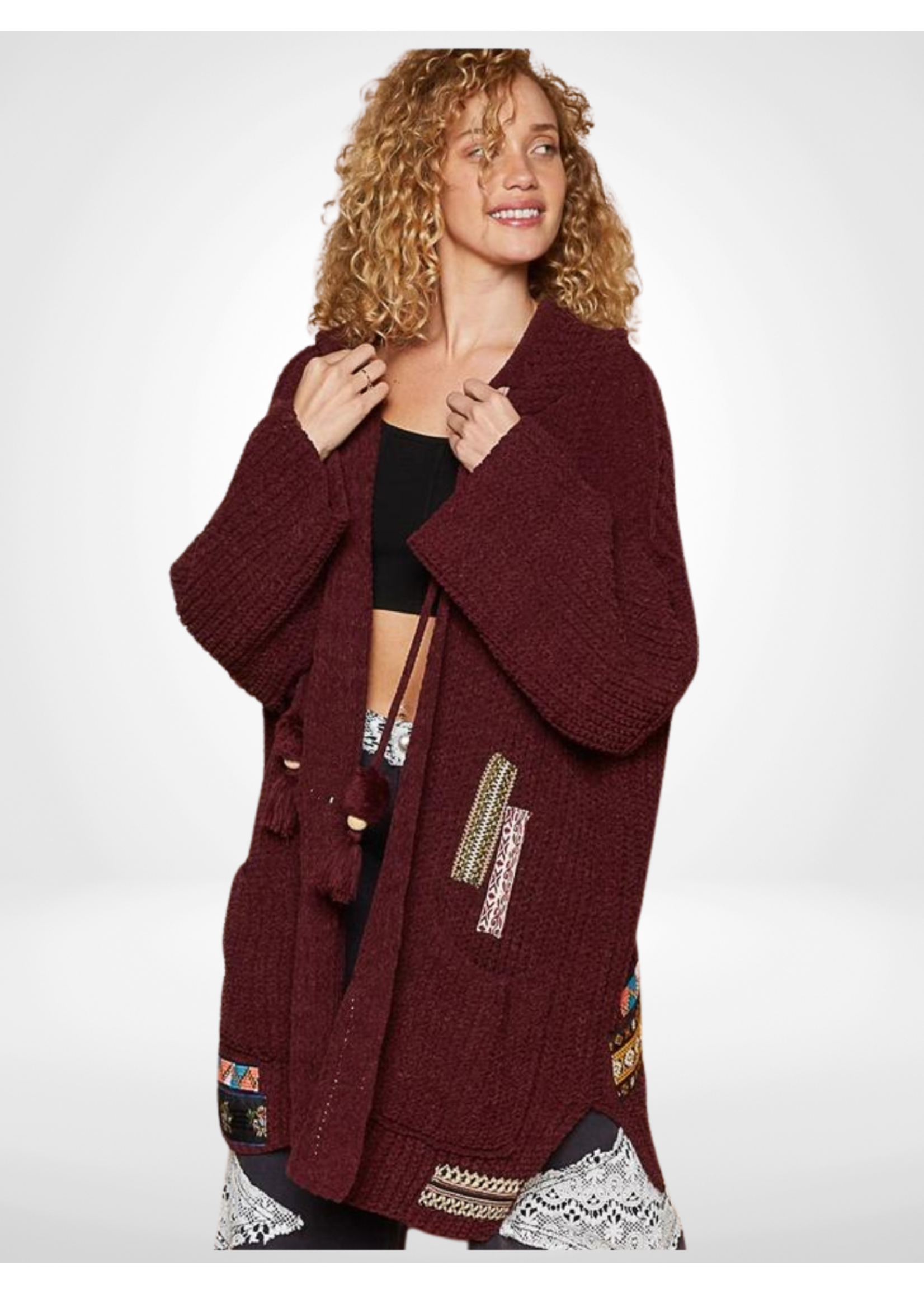 Open Front Drawstring Hooded Patch Cardi