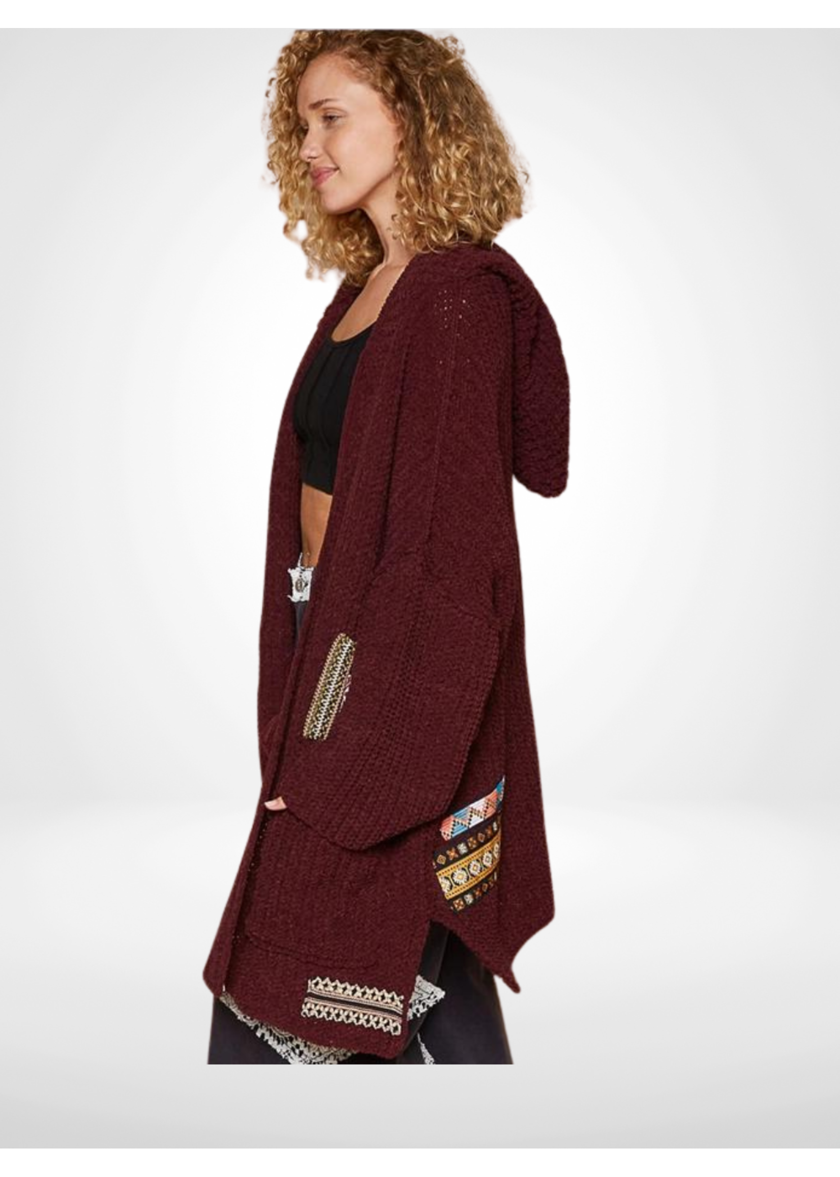 Open Front Drawstring Hooded Patch Cardi