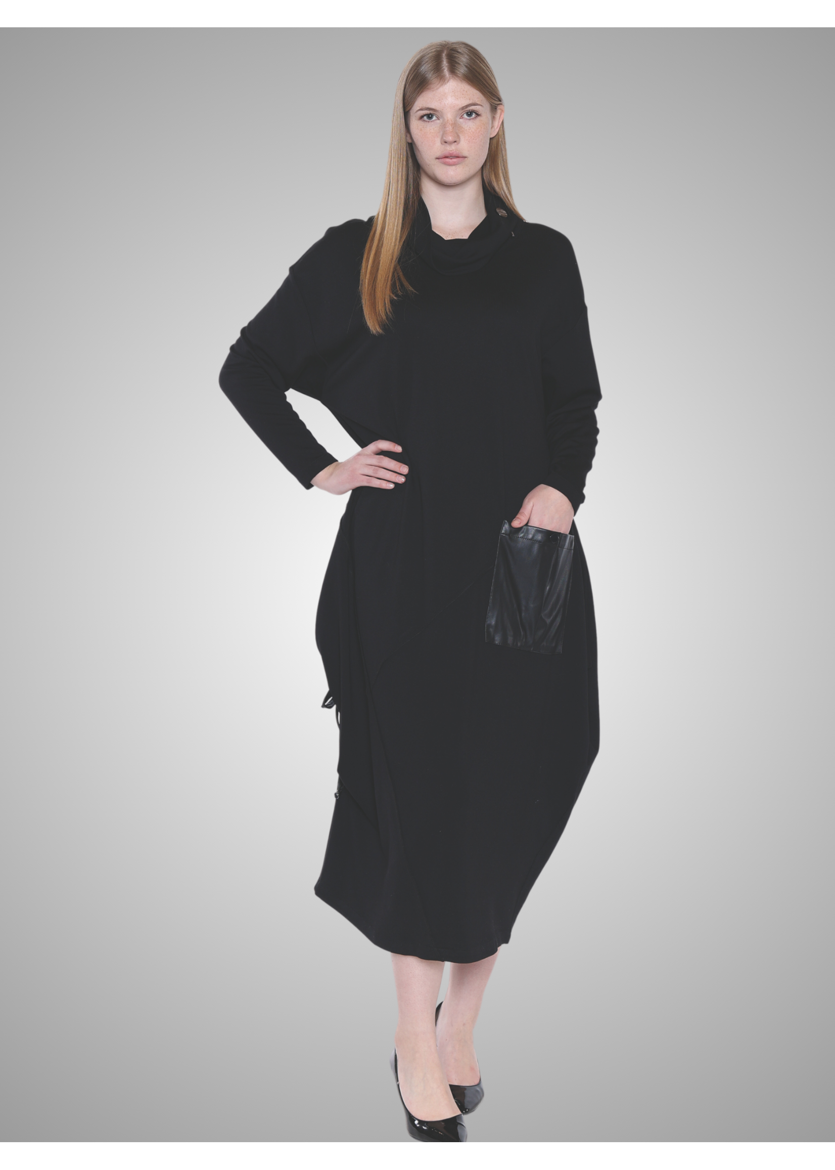 Cowl Neck Leather Pocketed Dress Black
