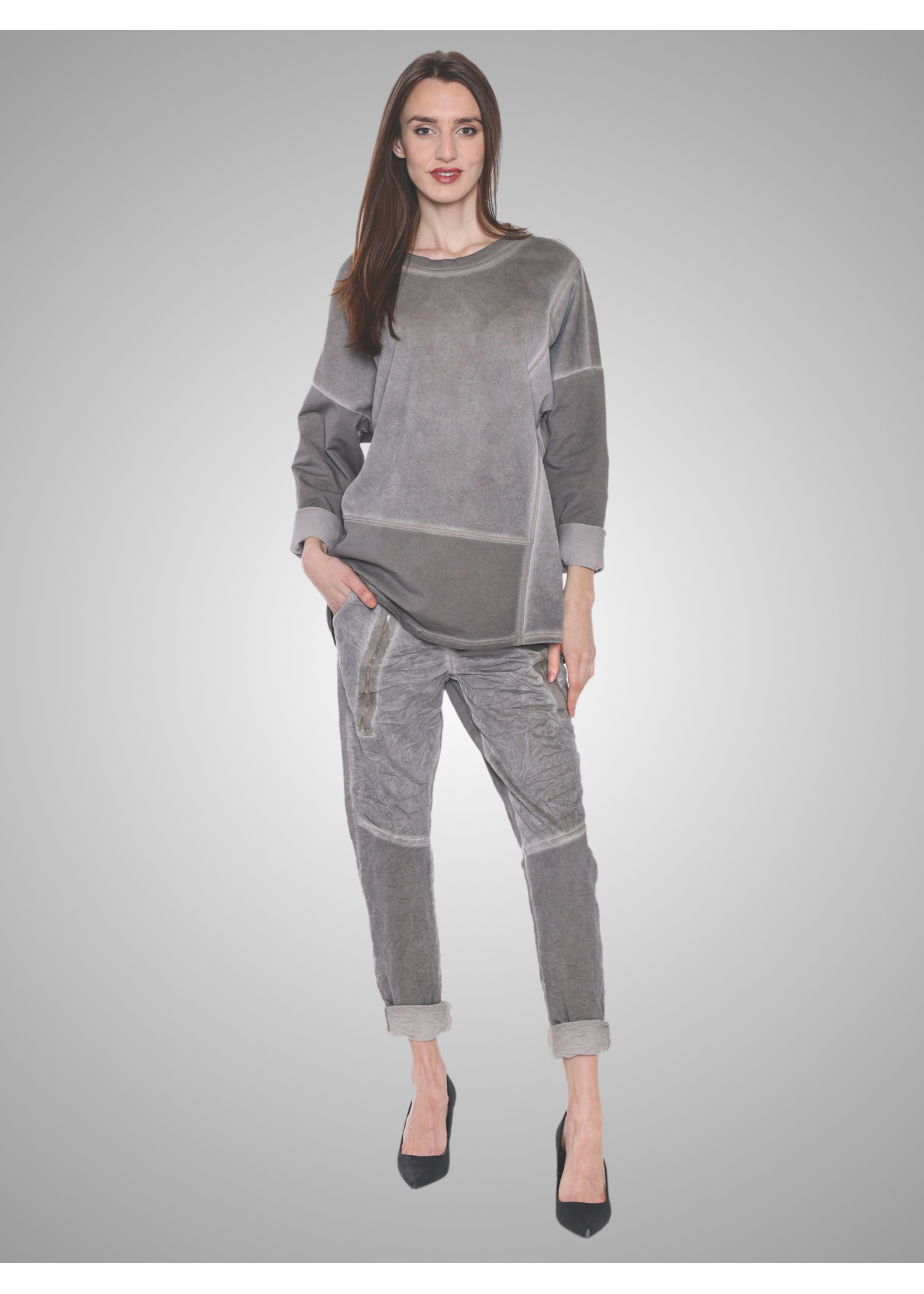 Papa Fashion Suede Look Round Neck Top Taupe