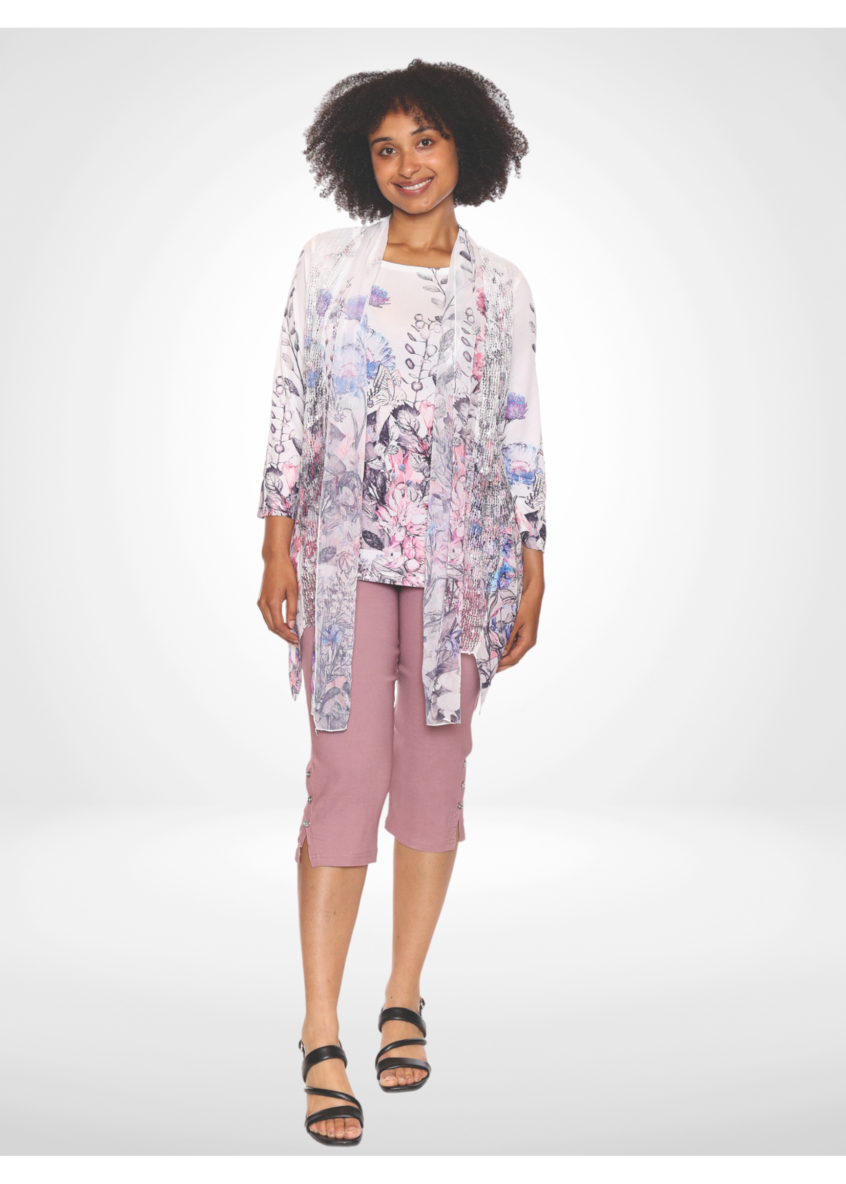 Papa Vancouver Papa  Flower Print Top W/  Attached Cardigan