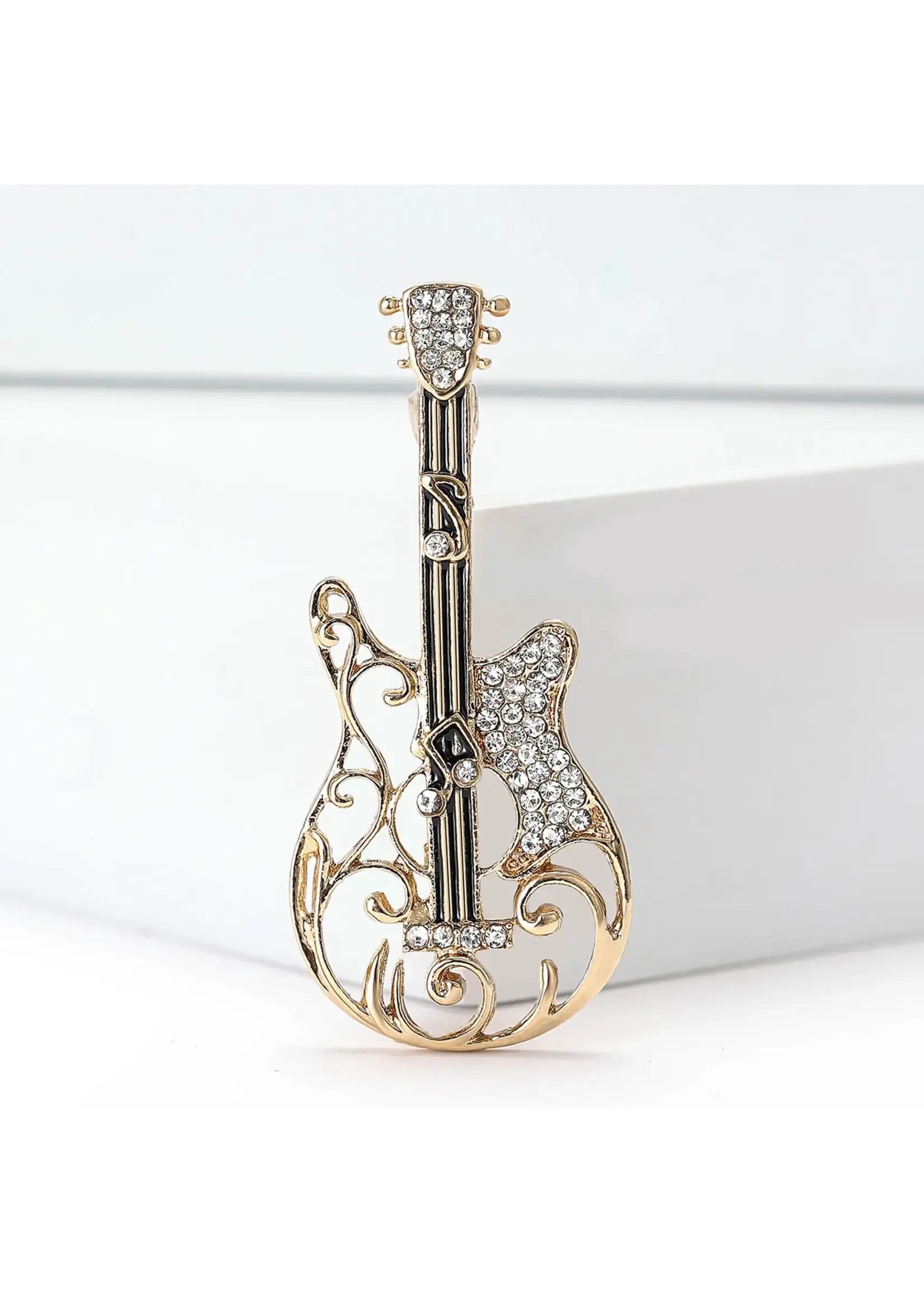 Brooch Contemporary Filigree Rhinestone Guitar