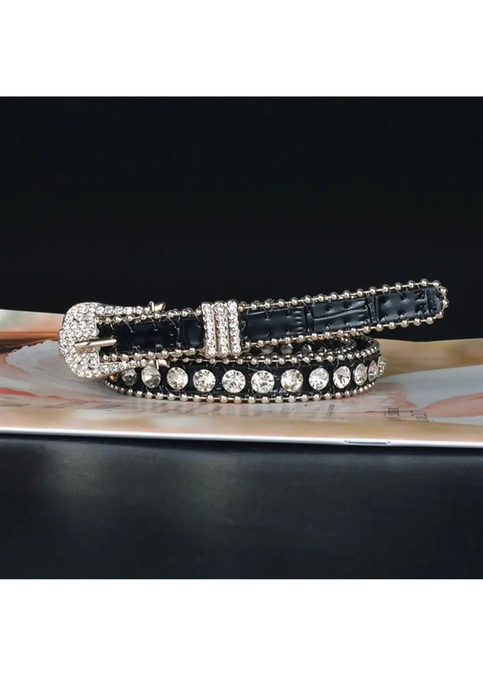 Patent Leather and Rhinestone Skinny Belt