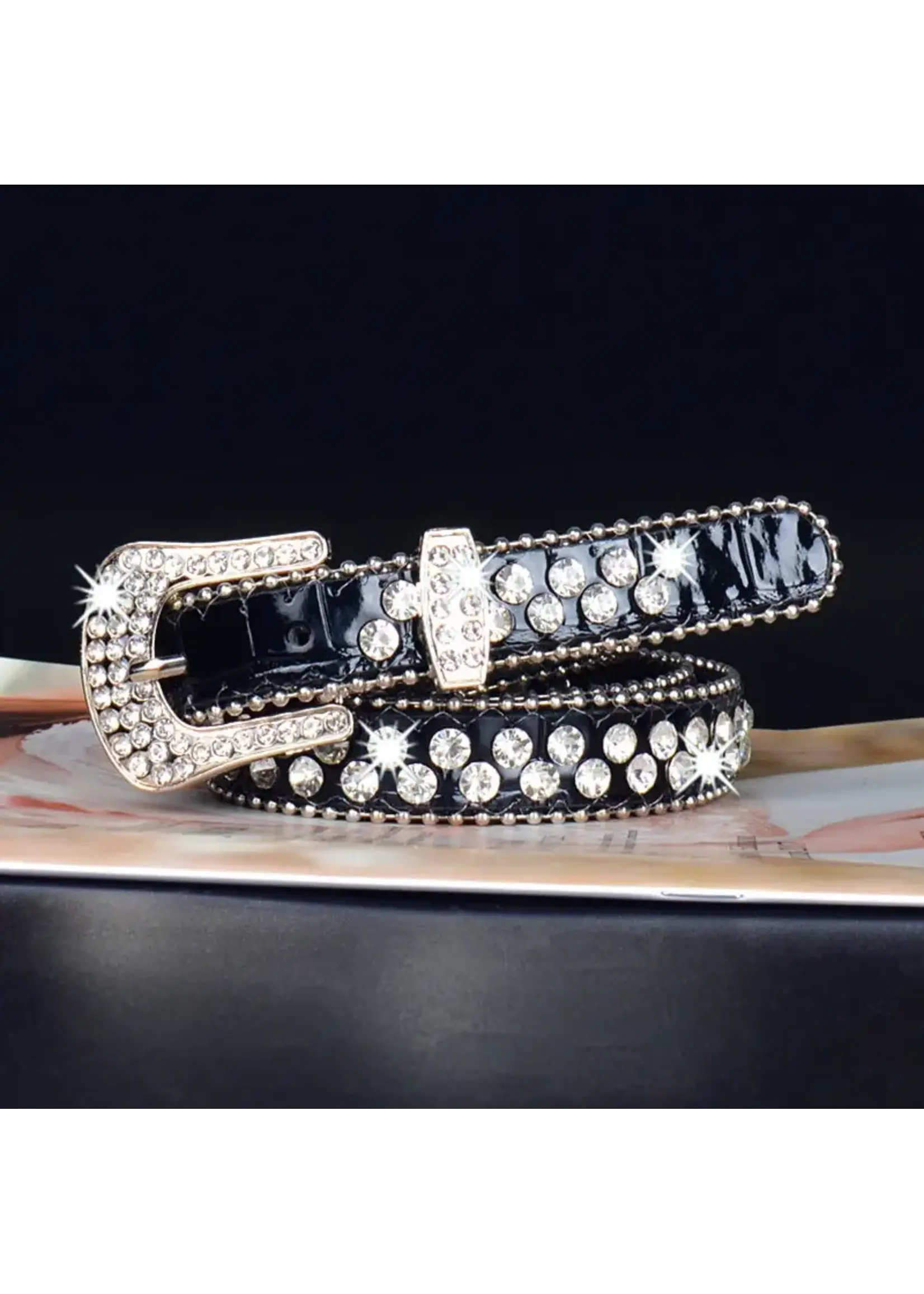 Patent Leather and Rhinestone Skinny Belt