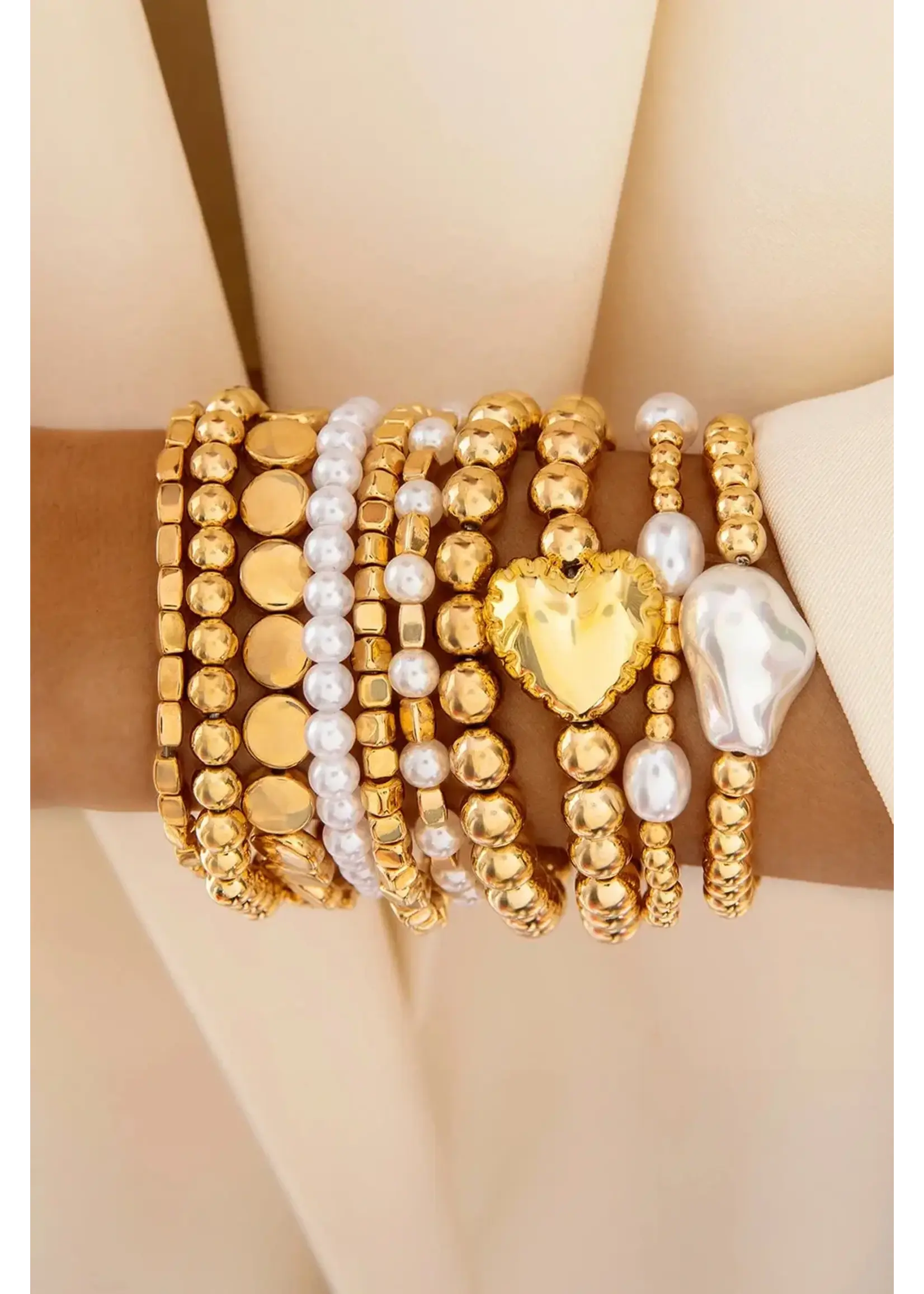 Stretch Gold Plated Faux Pearl Bracelet 10pc Set