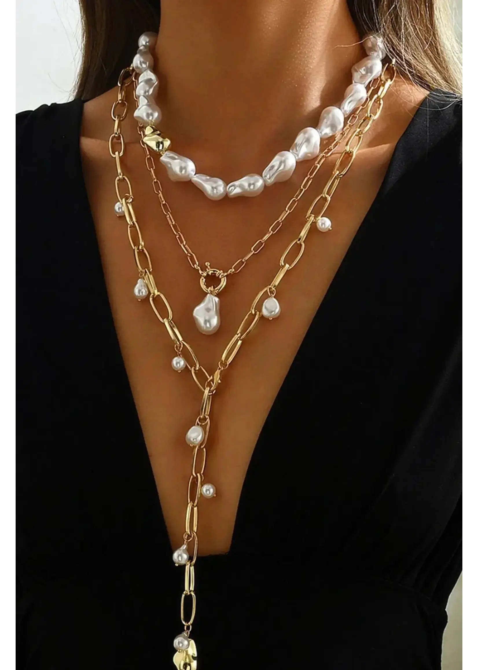 Gold Plated Multi Layer Faux Pearl 3pc Set