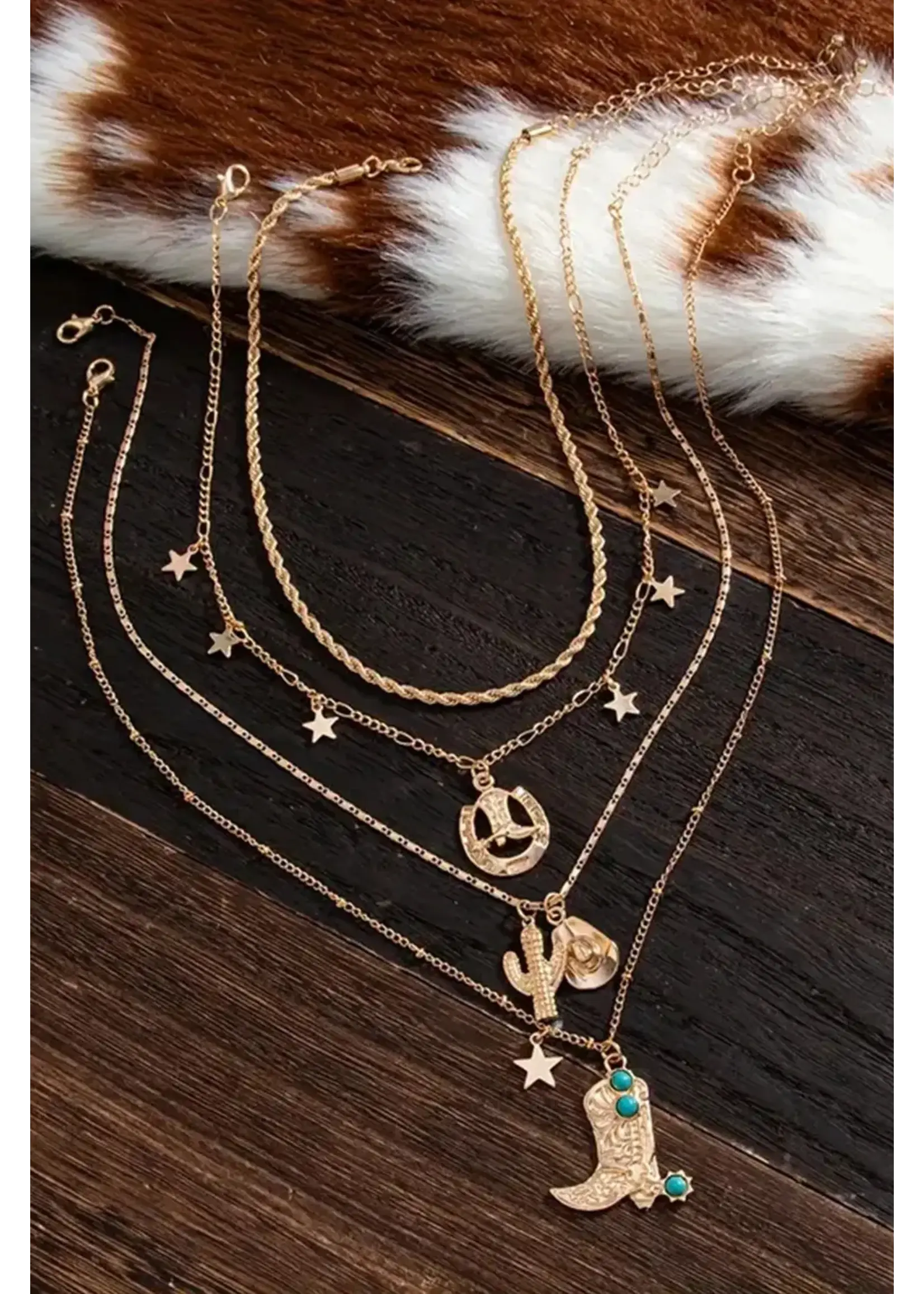 4pcs Gold Plated Turquoise Boot Pendant Western Necklace Set