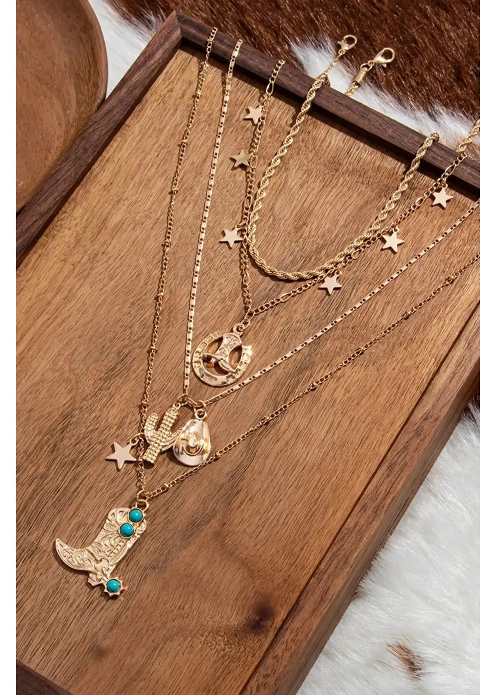 4pcs Gold Plated Turquoise Boot Pendant Western Necklace Set