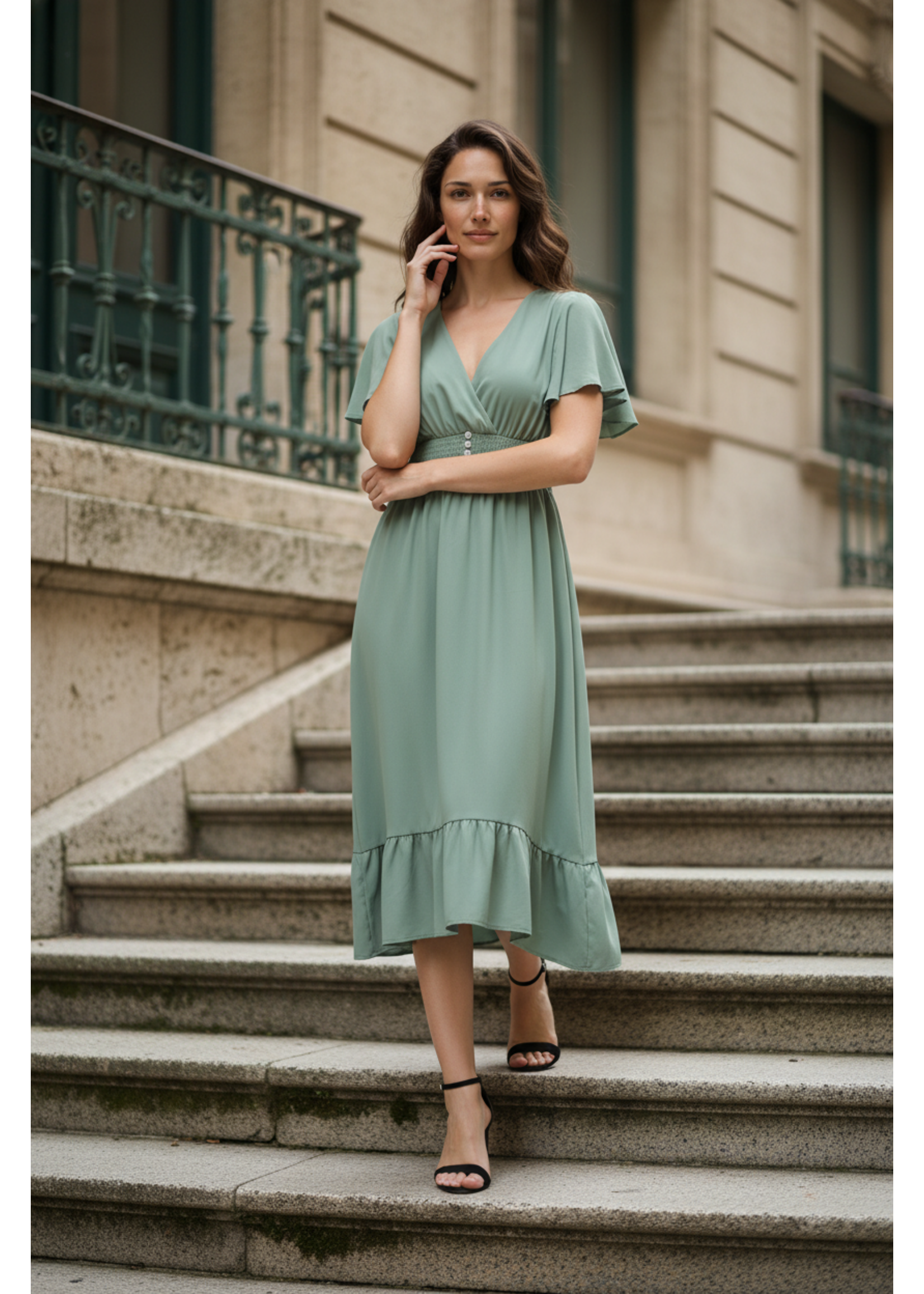 Green V Neck Flutter Sleeve Summer Midi Dress Casual Style
