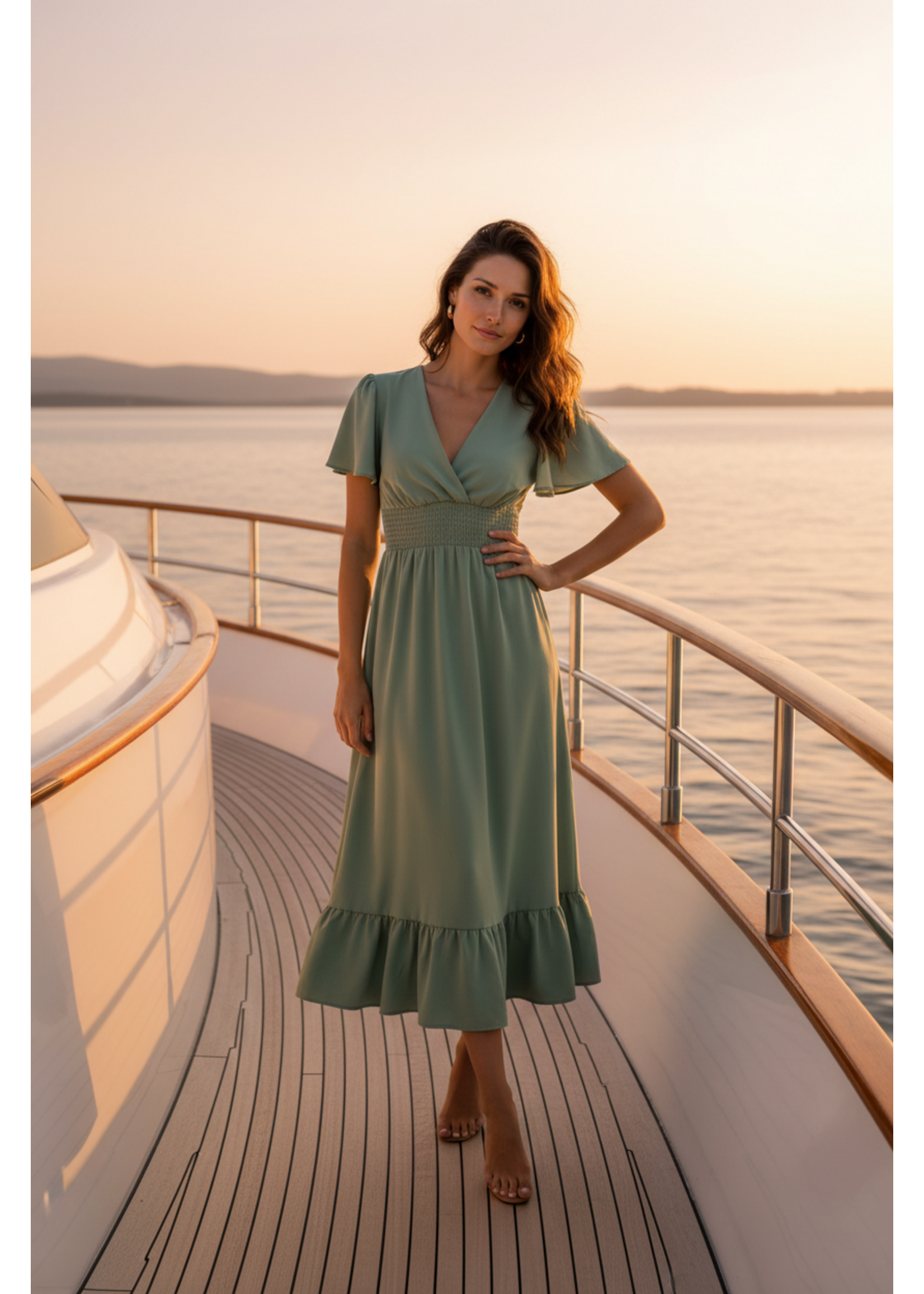 Green V Neck Flutter Sleeve Summer Midi Dress Casual Style