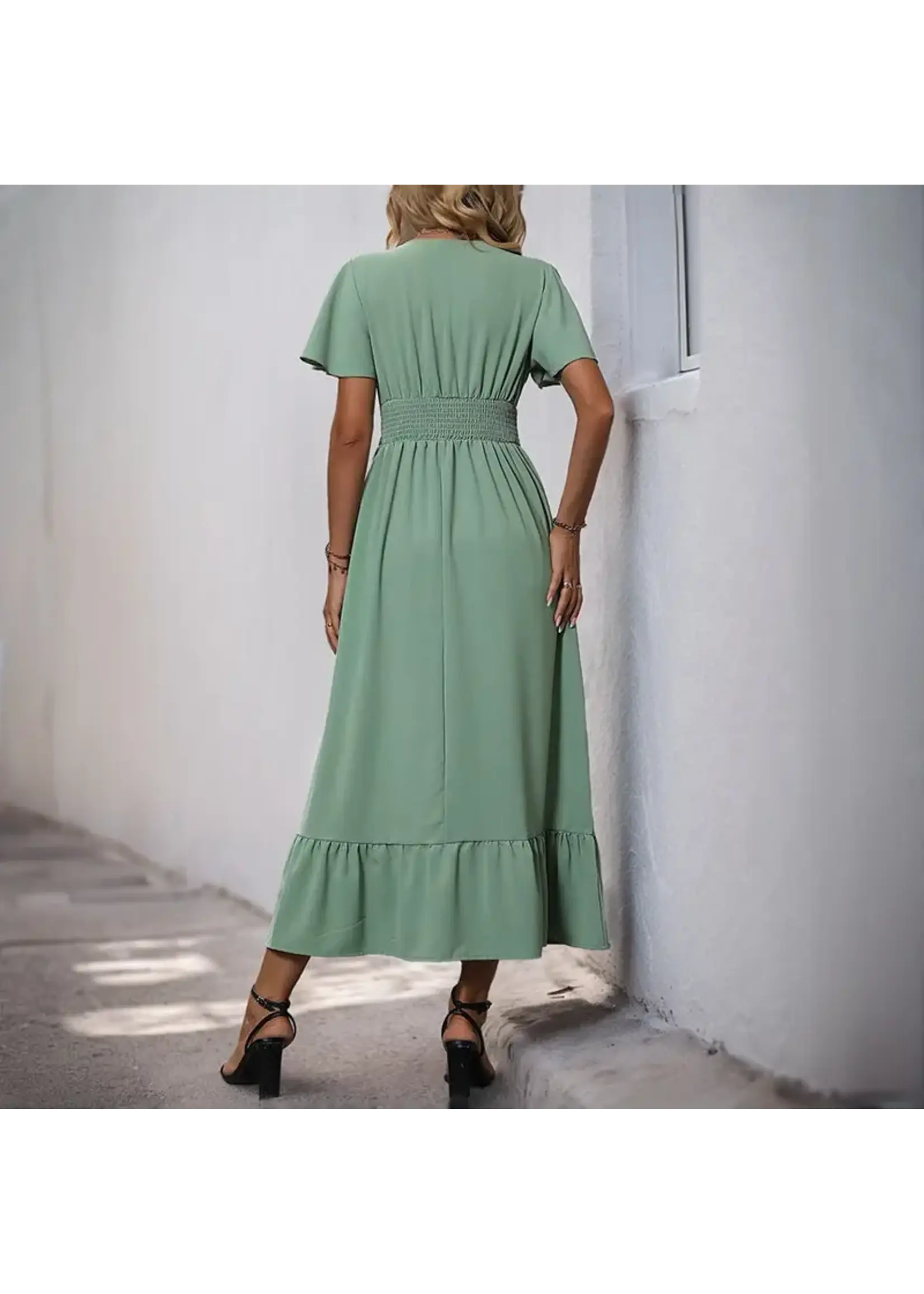 Green V Neck Flutter Sleeve Summer Midi Dress Casual Style