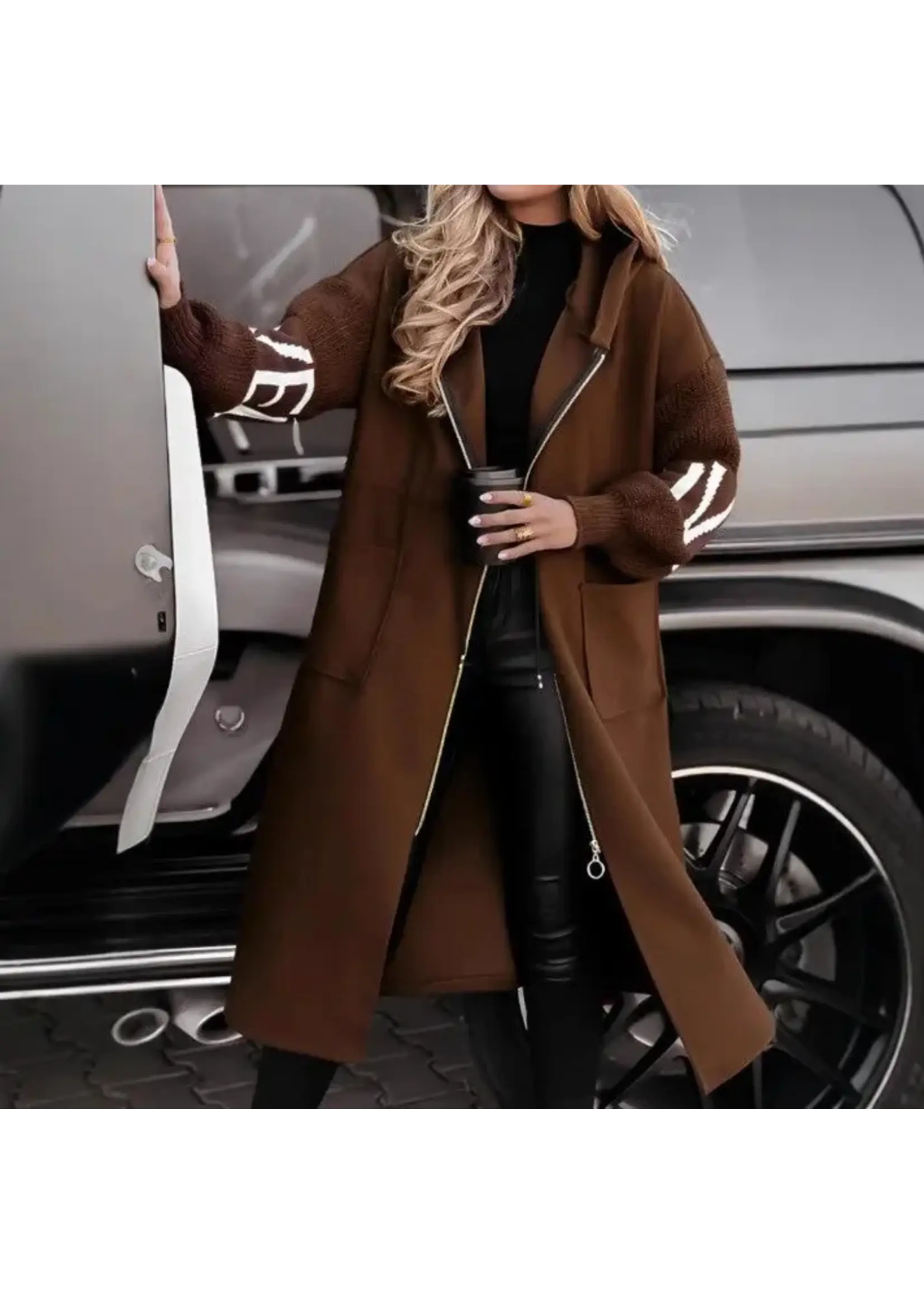 Long Hooded Coat with Knit Sweater Inserts