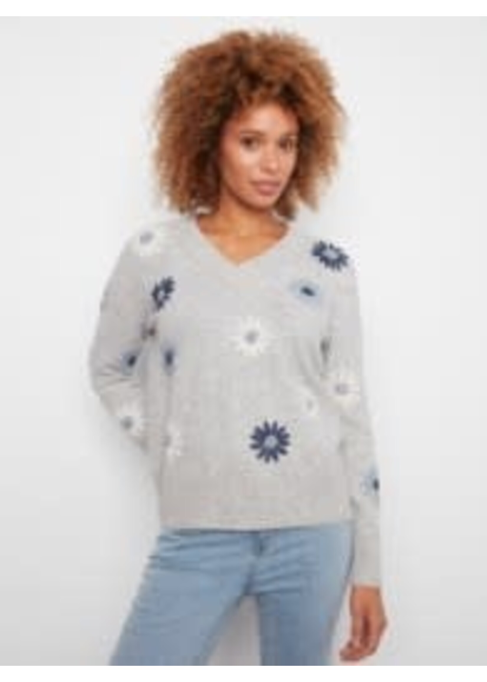 Charlie B Charlie B Embroidered V-Neck Sweater Wide Cuff