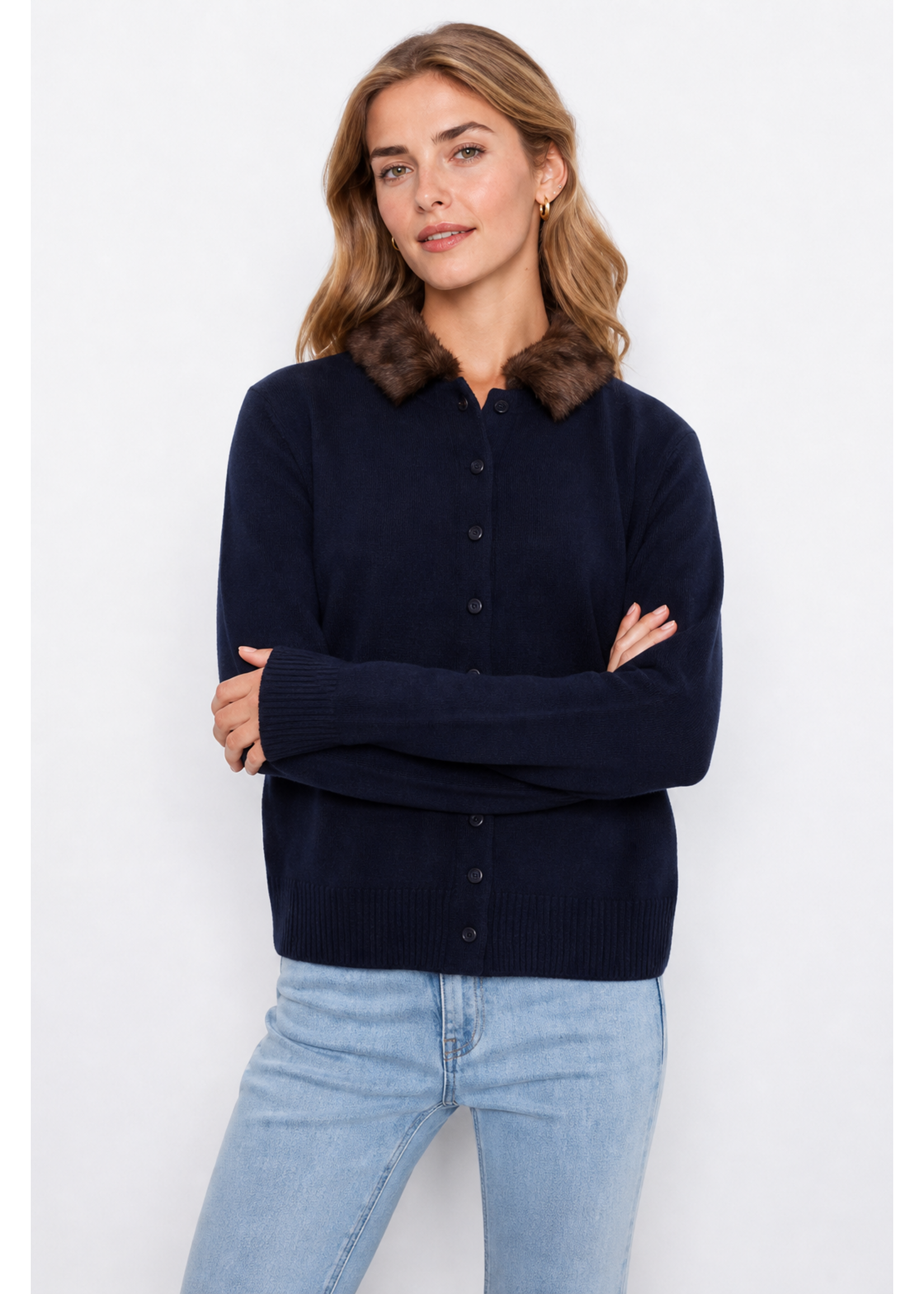 Charlie B Charlie B Plushy Button Up Cardi with Faux Fur Collar