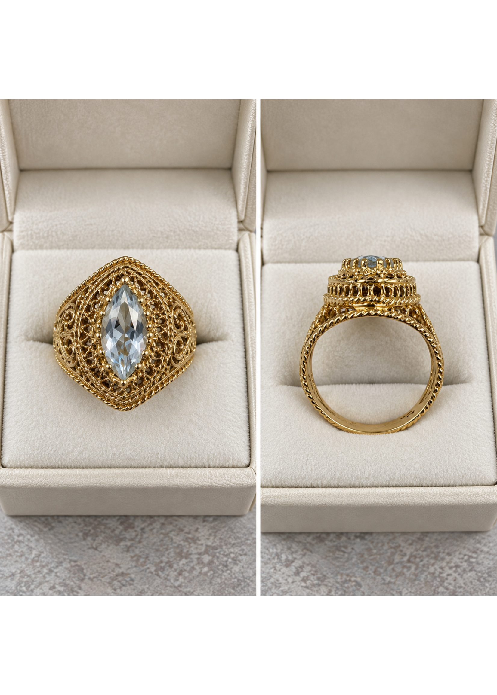 Vintage 10ky Filigree Marquis Crystal Cocktail Ring size 7.5 MSRP $800