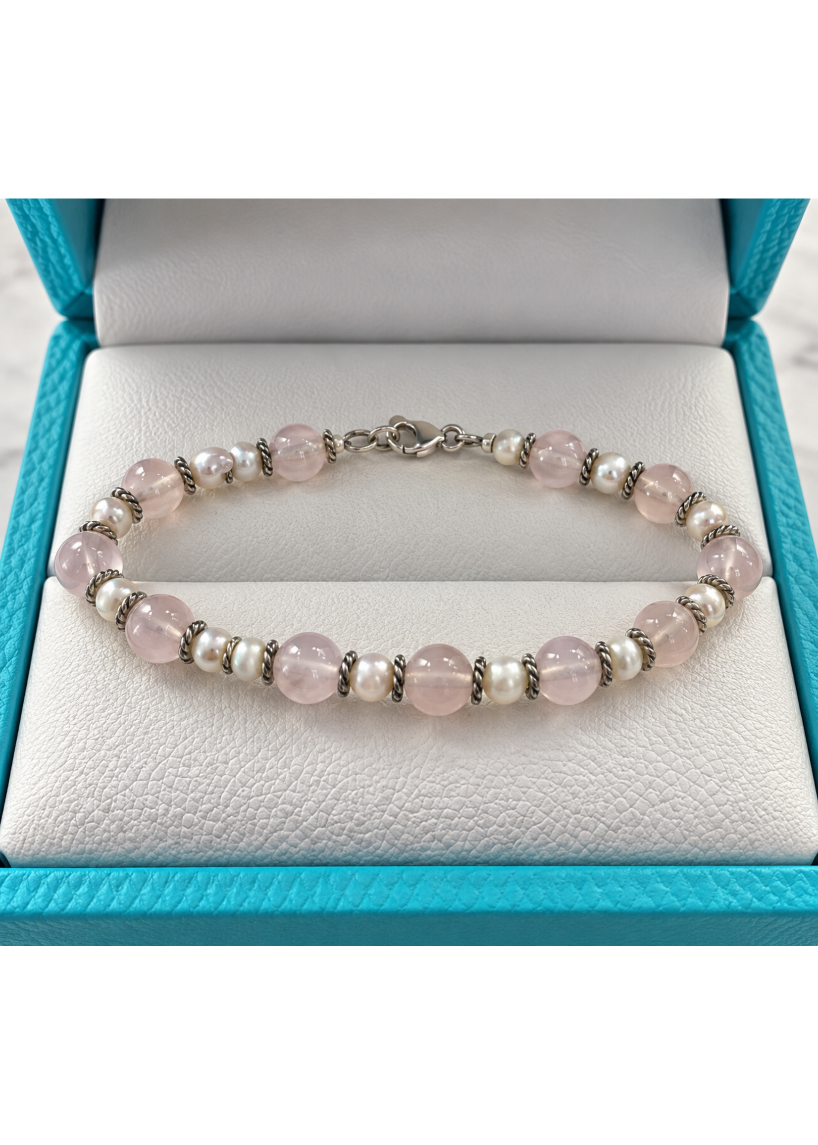 Sterling Rose Quartz & Freshwater Pearl Bracelet 8"
