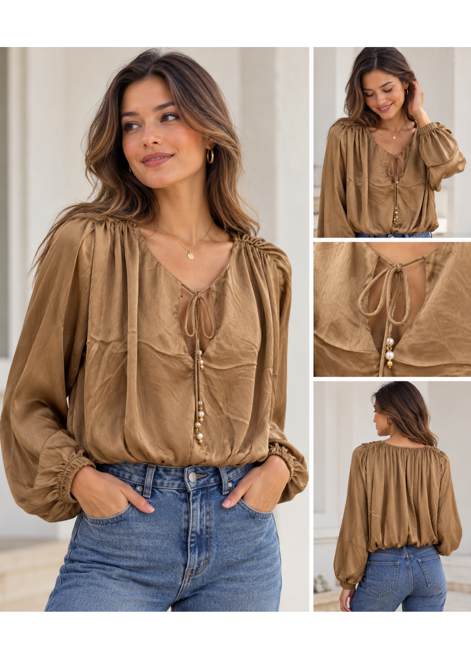 Lavysh Lavysh Satin Balloon Sleeve Blouse