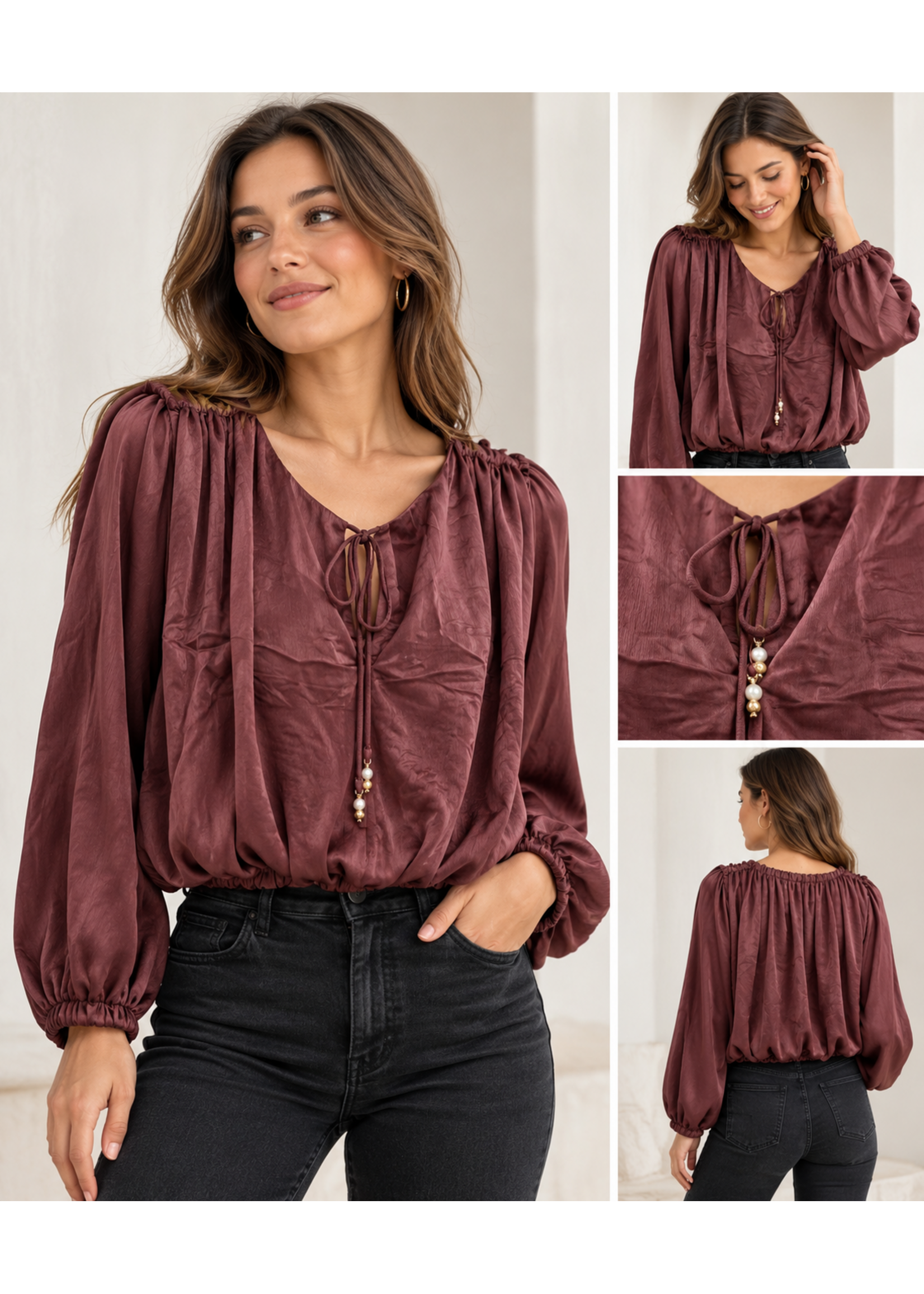 Lavysh Lavysh Satin Balloon Sleeve Blouse