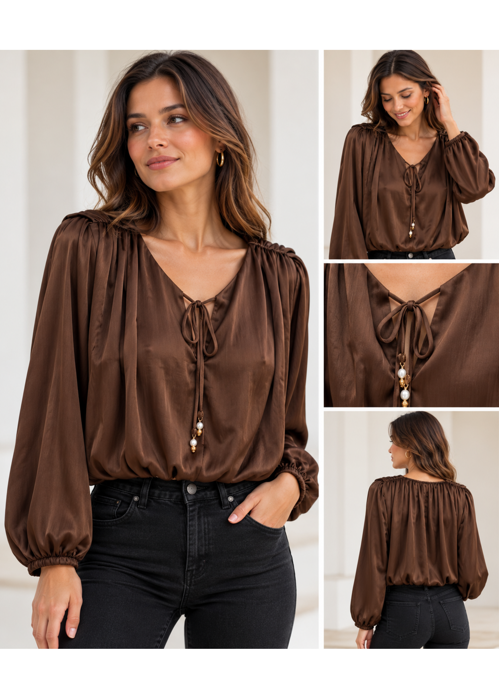 Lavysh Lavysh Satin Balloon Sleeve Blouse