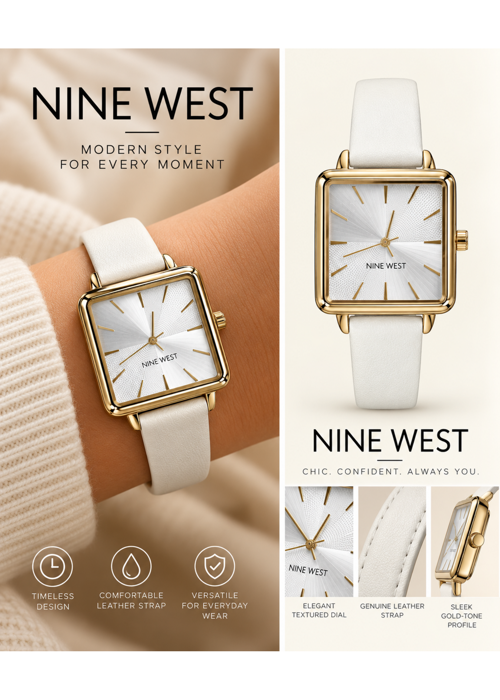 Nine West Ladies Watch Gold Tone Square
