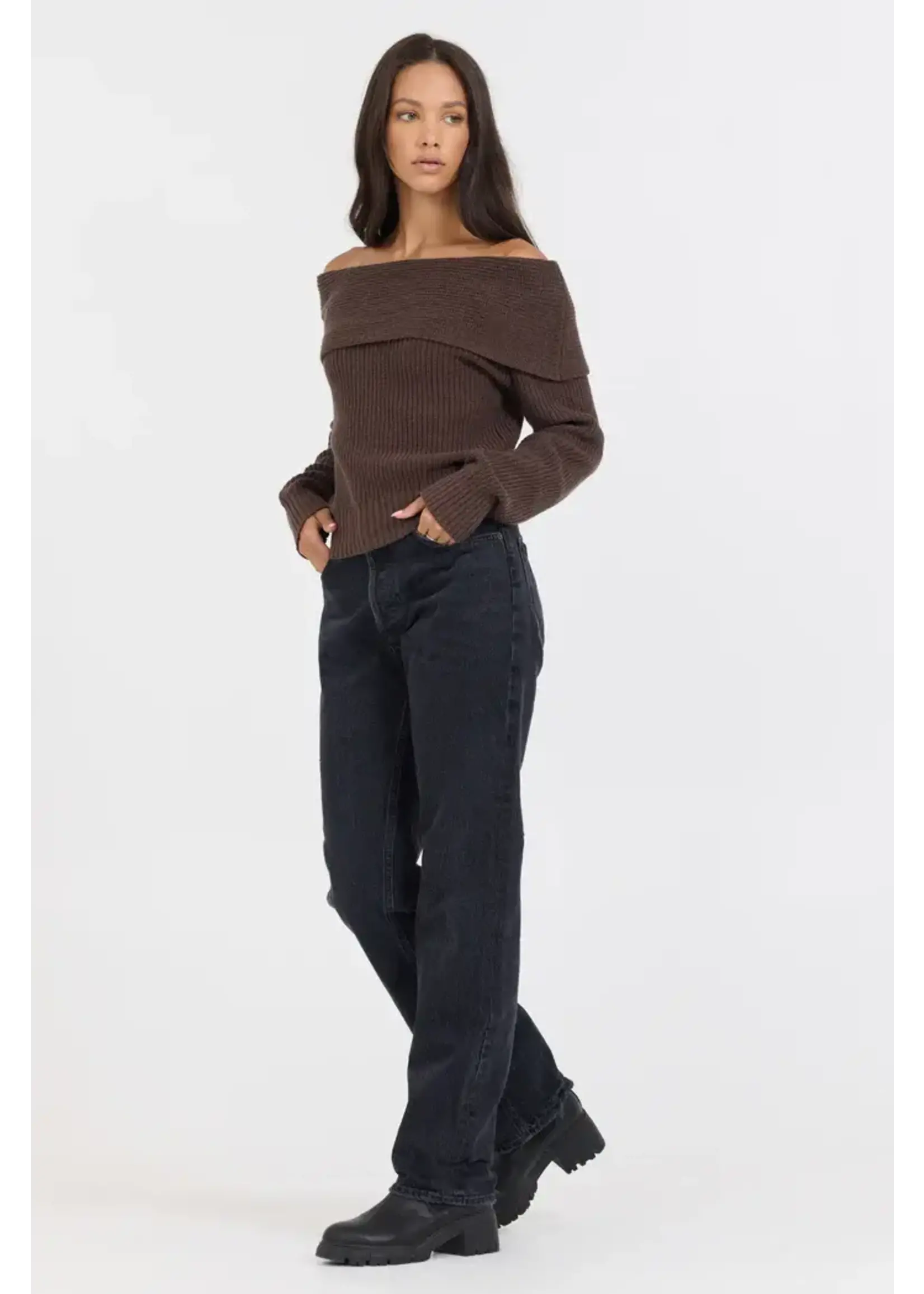Off Shoulder Back Zip Sweater