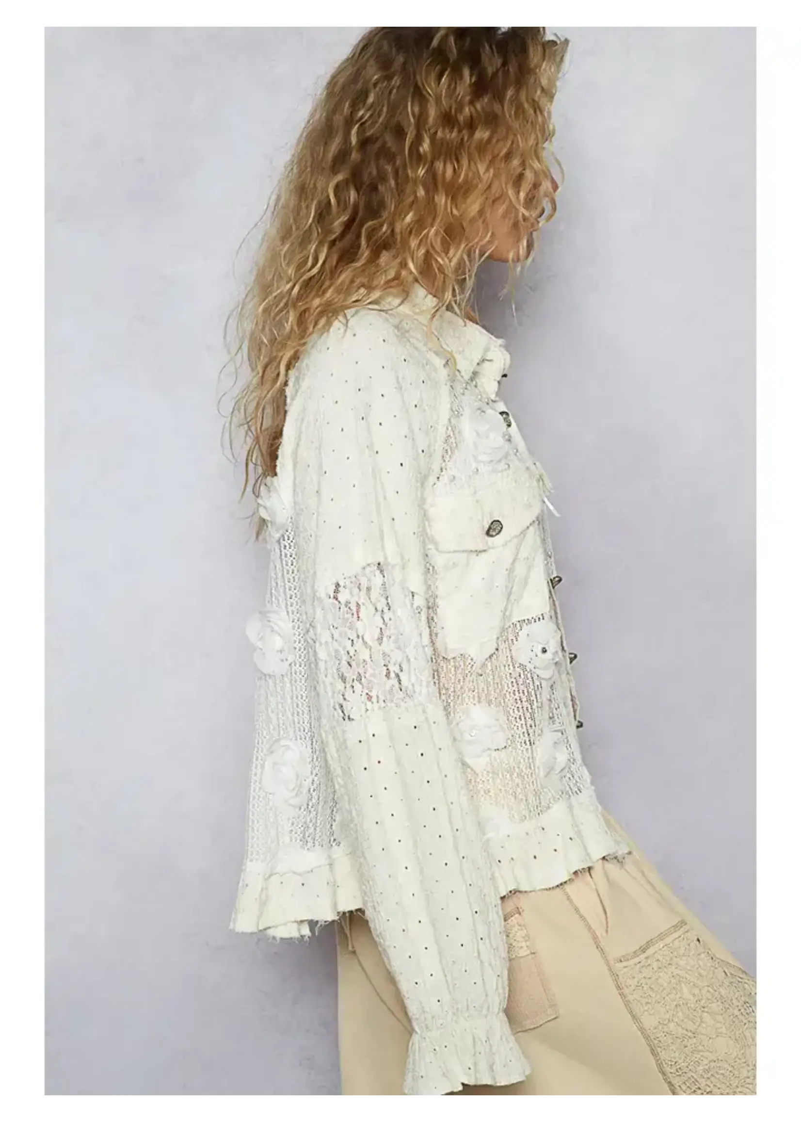 Long Balloon Sleeve Flower Detail Button Down