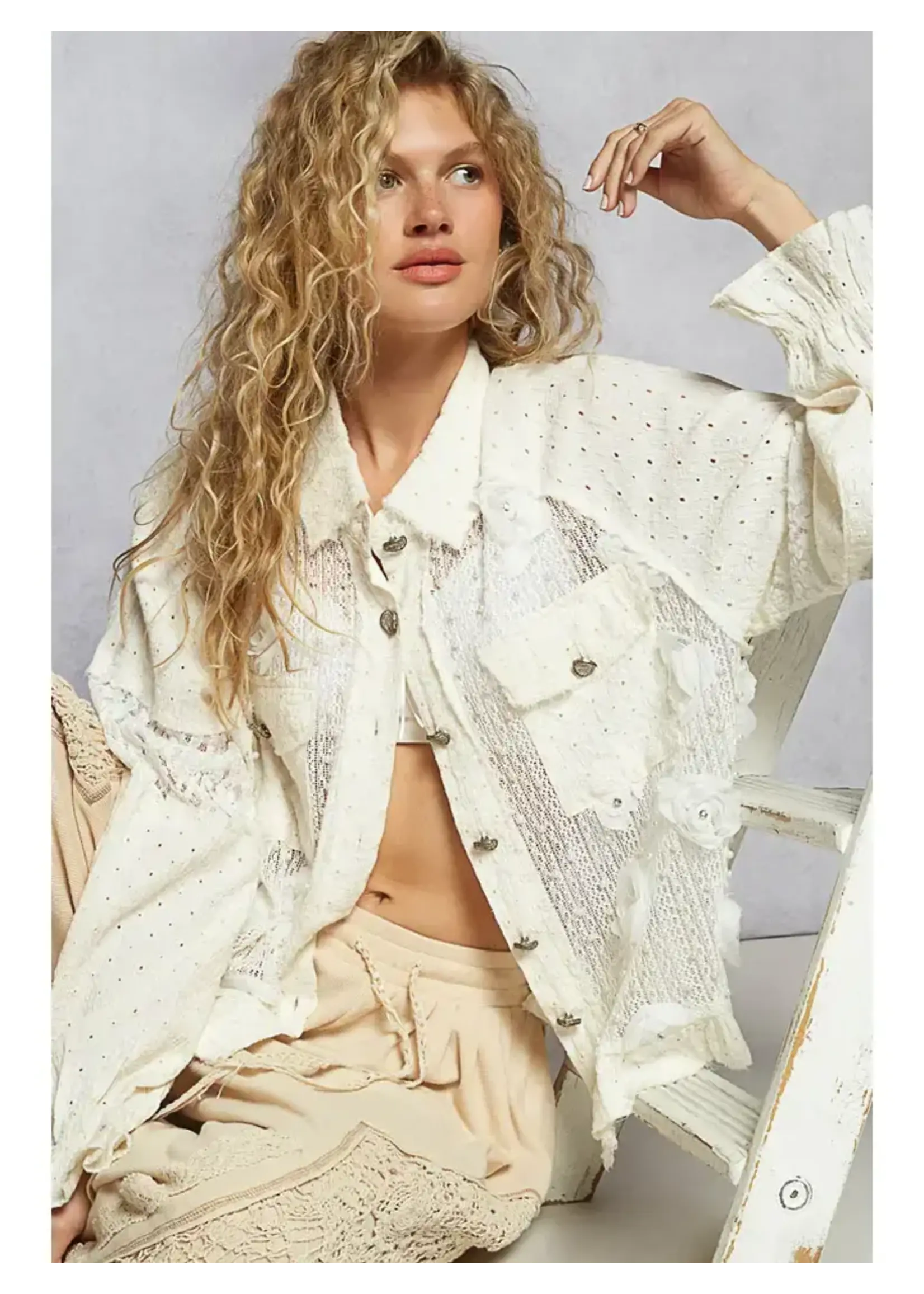 Long Balloon Sleeve Flower Detail Button Down