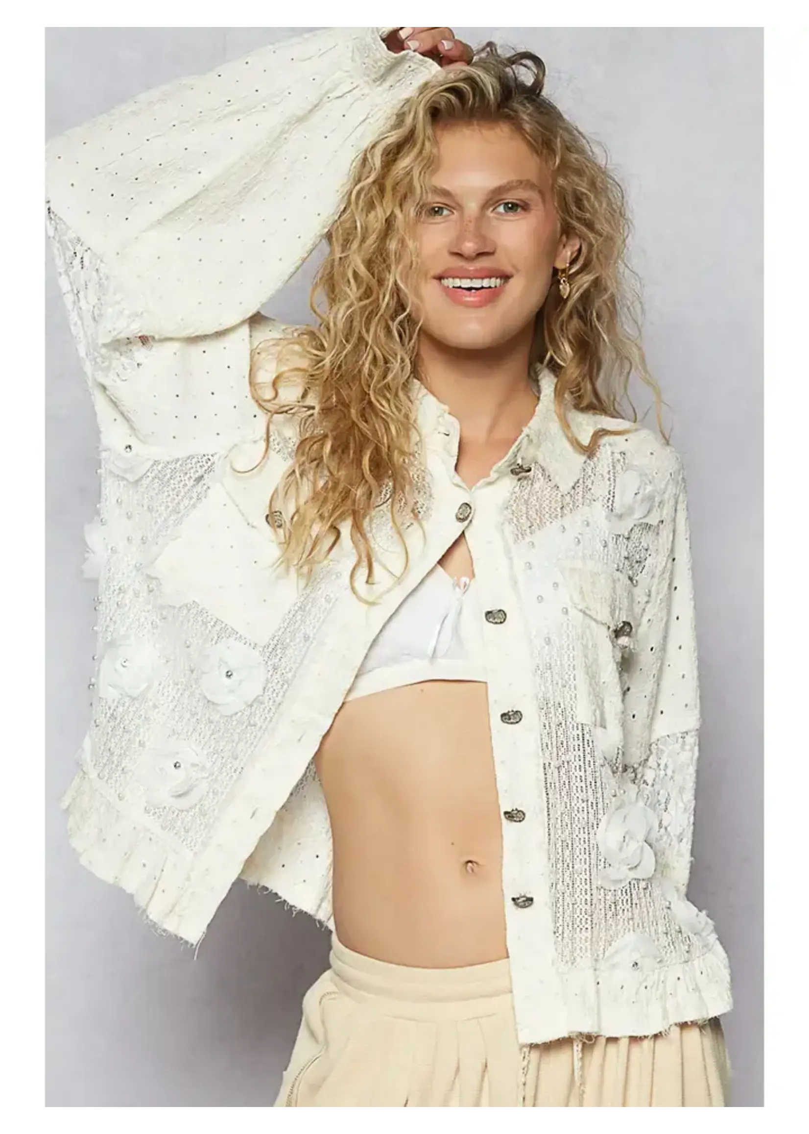 Long Balloon Sleeve Flower Detail Button Down