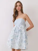 Toile Print Strapless Bow Back Dress