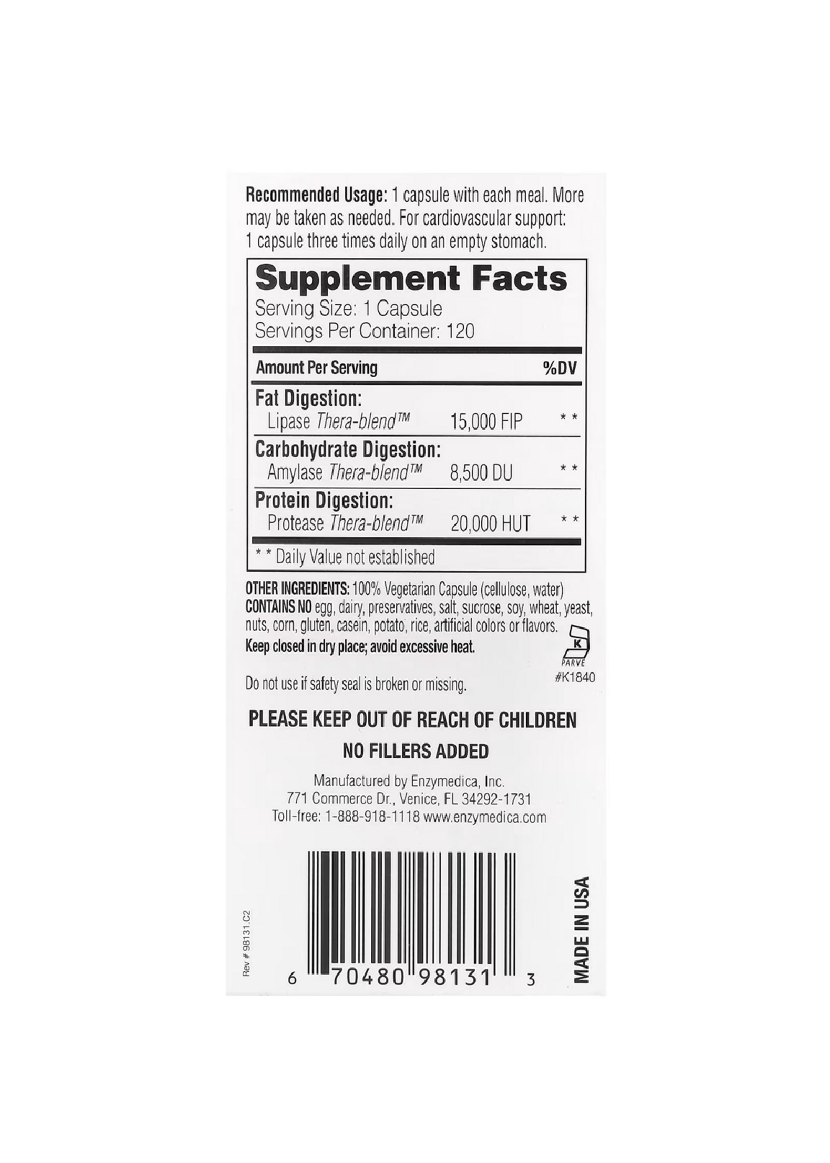 Enzymedica, Lypo Gold, For Fat Digestion, 120 Capsules