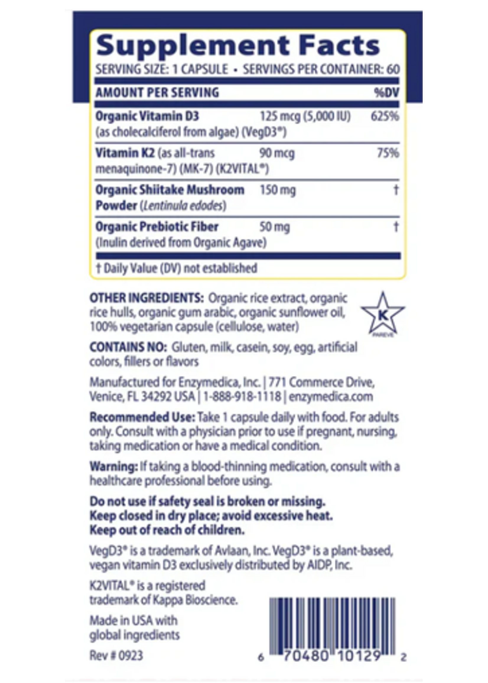 *Enzymedica Vitamin D3 + K2 30 caps