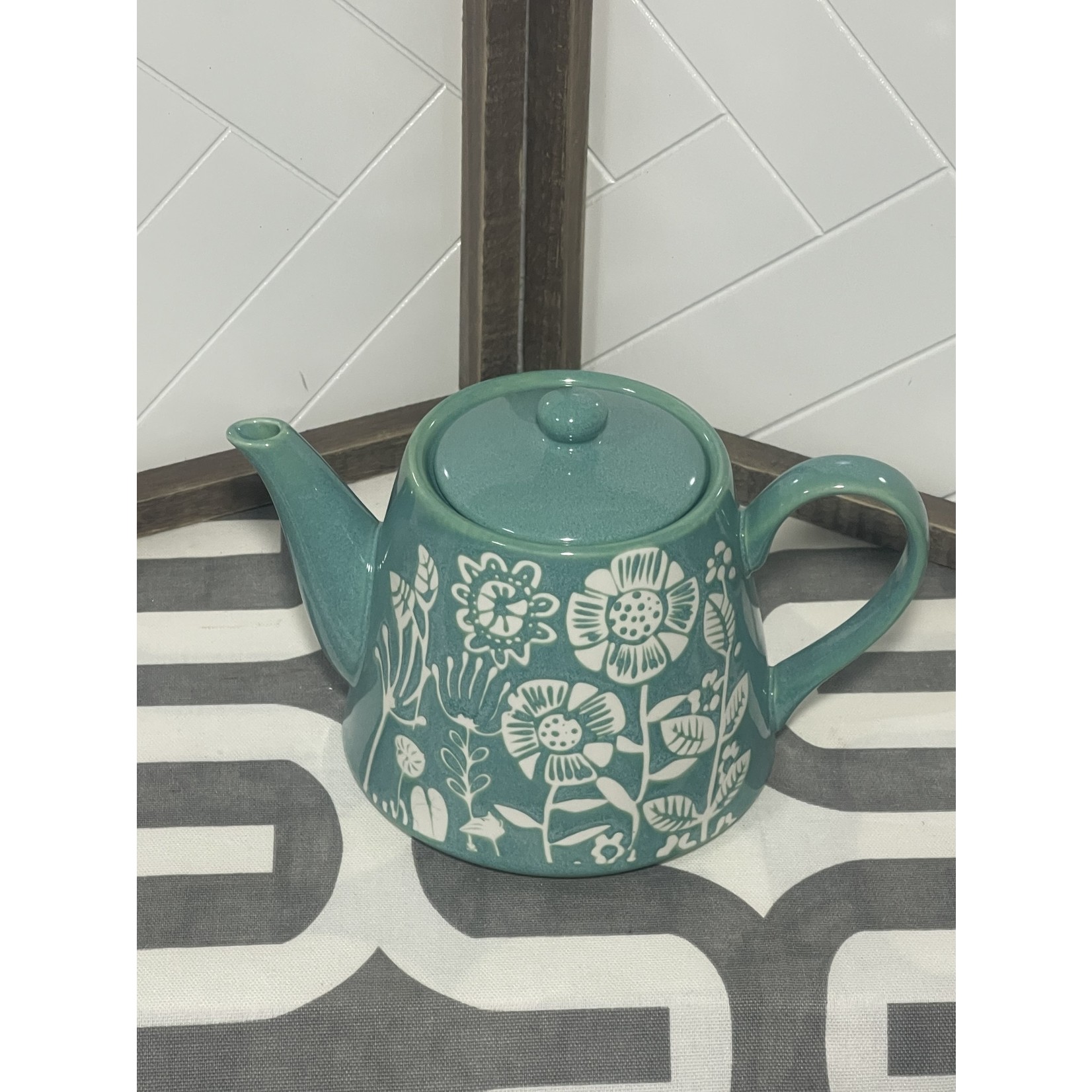 TJ MAXX Turquoise White Flowered Tea Pot