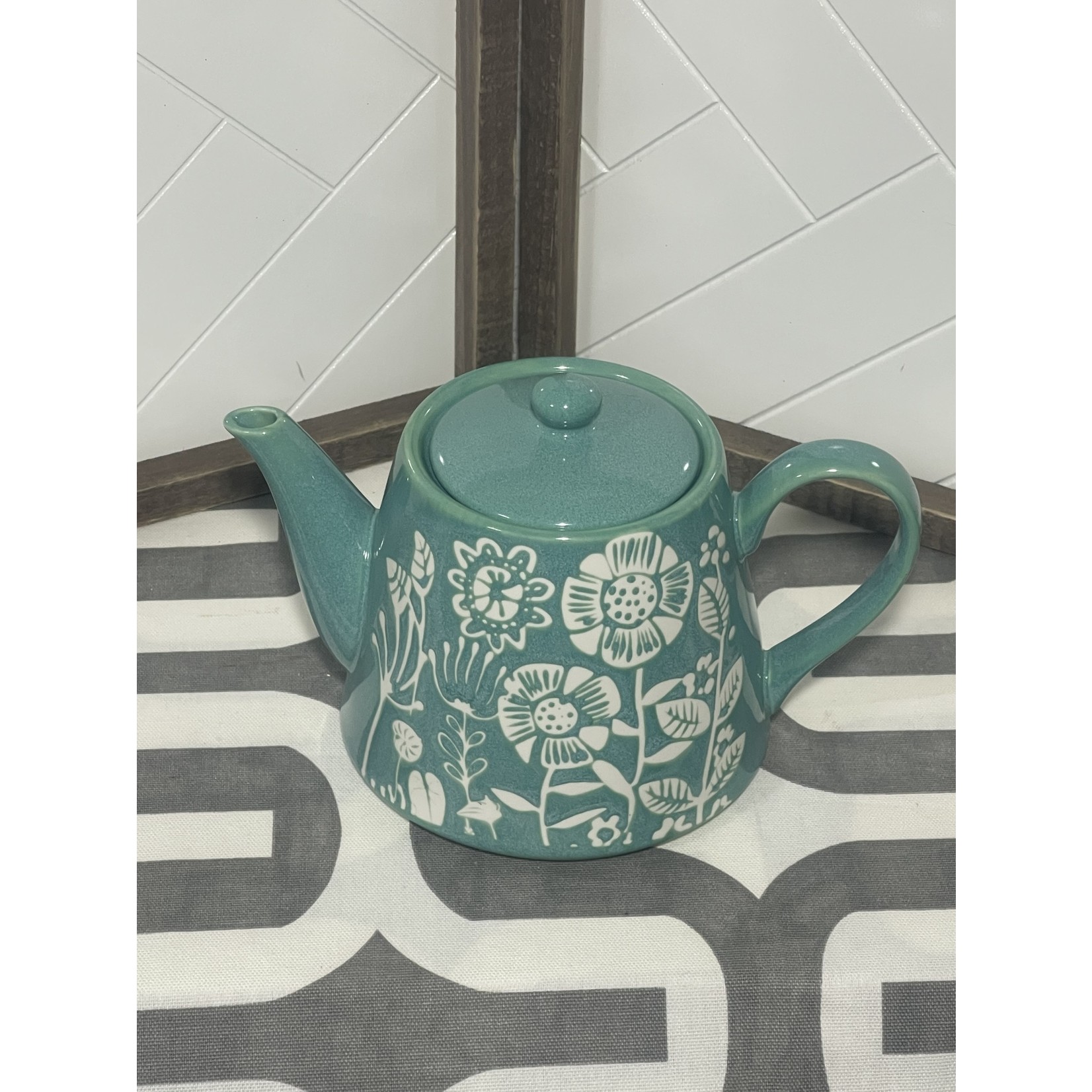 TJ MAXX Turquoise White Flowered Tea Pot