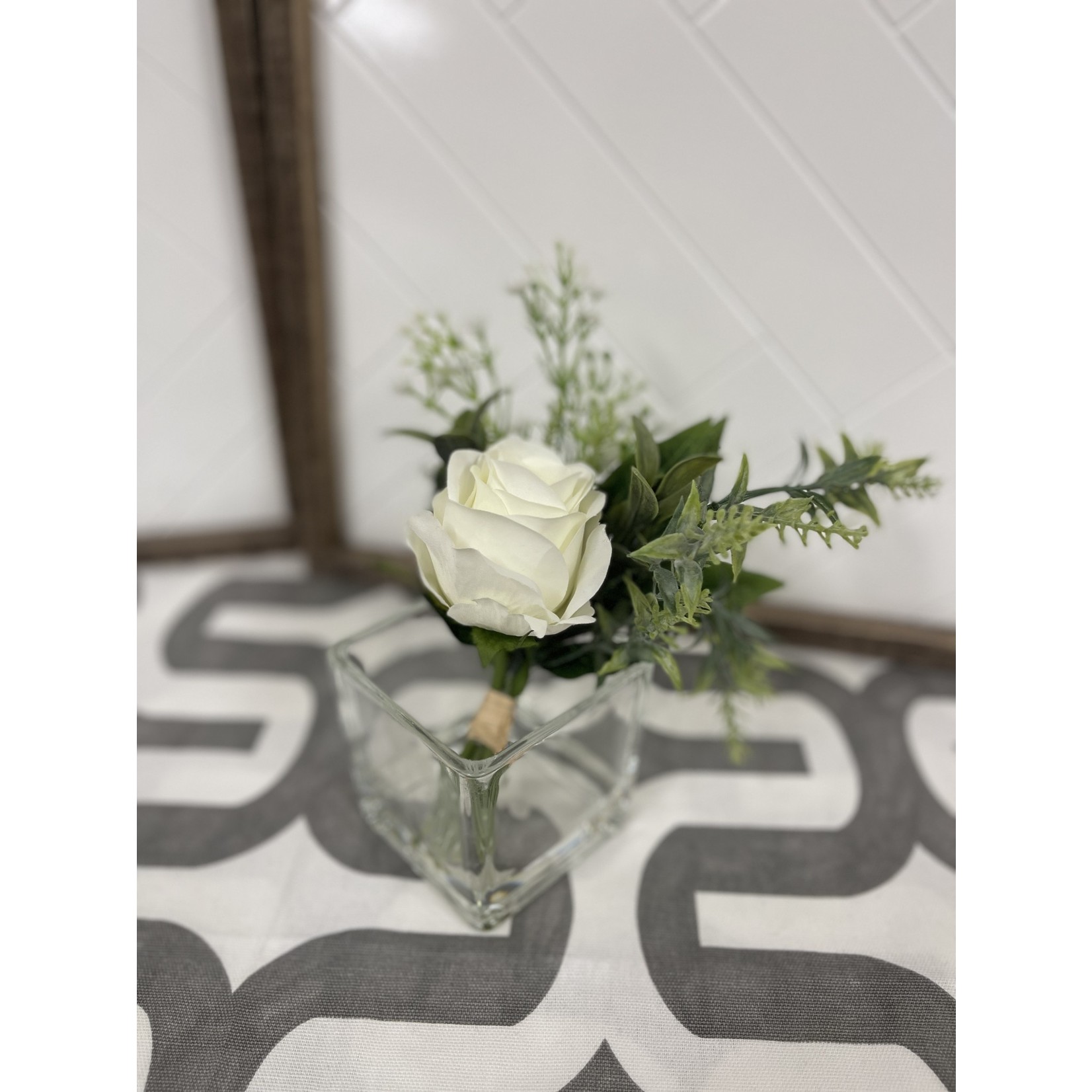 DW Silks 8.5" White Roses in Glass Cube