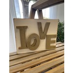 Home "LOVE" in Gold Glitter Letters  on White Wood Block