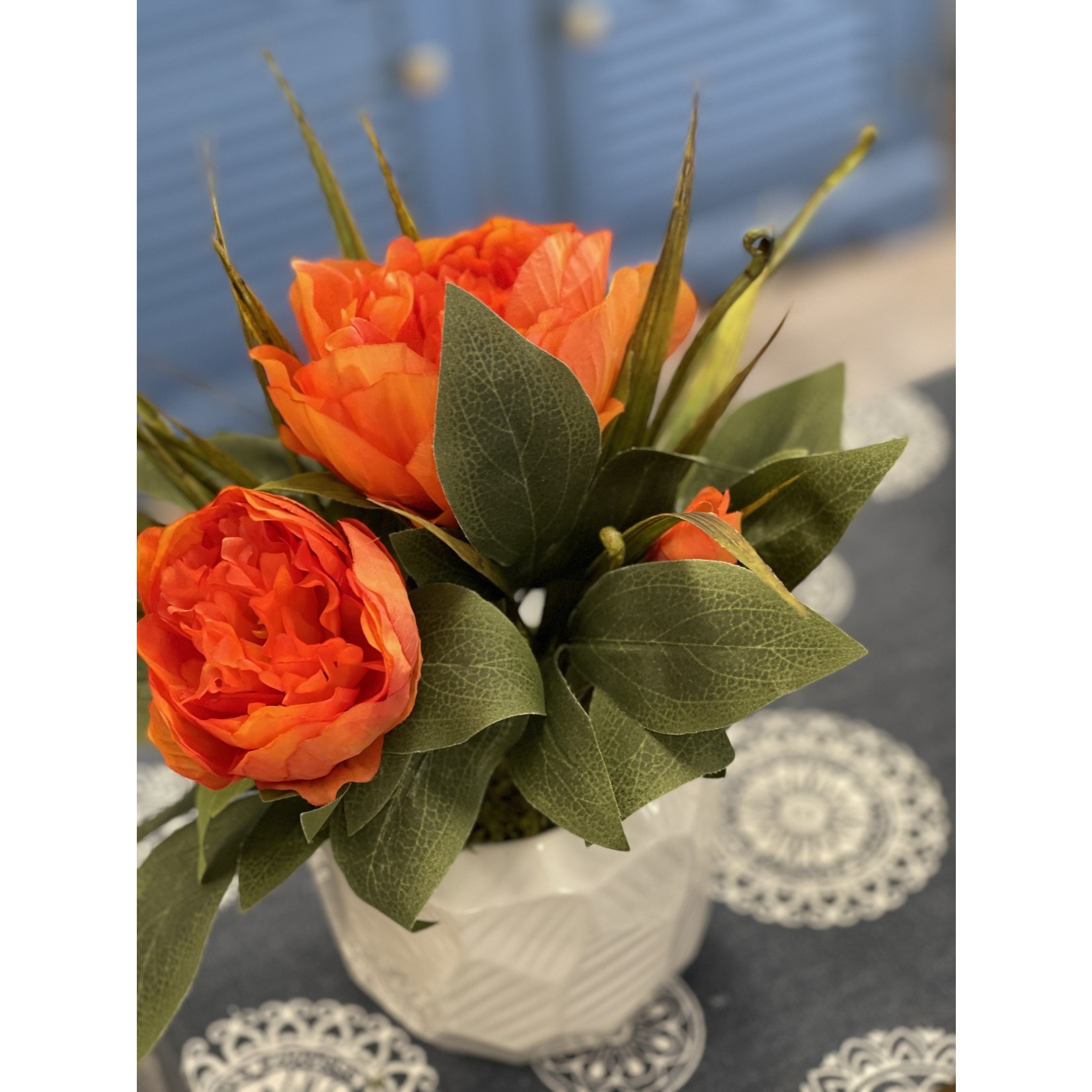 DW Silks Orange Peonies & Grass in White Ceramic Planter