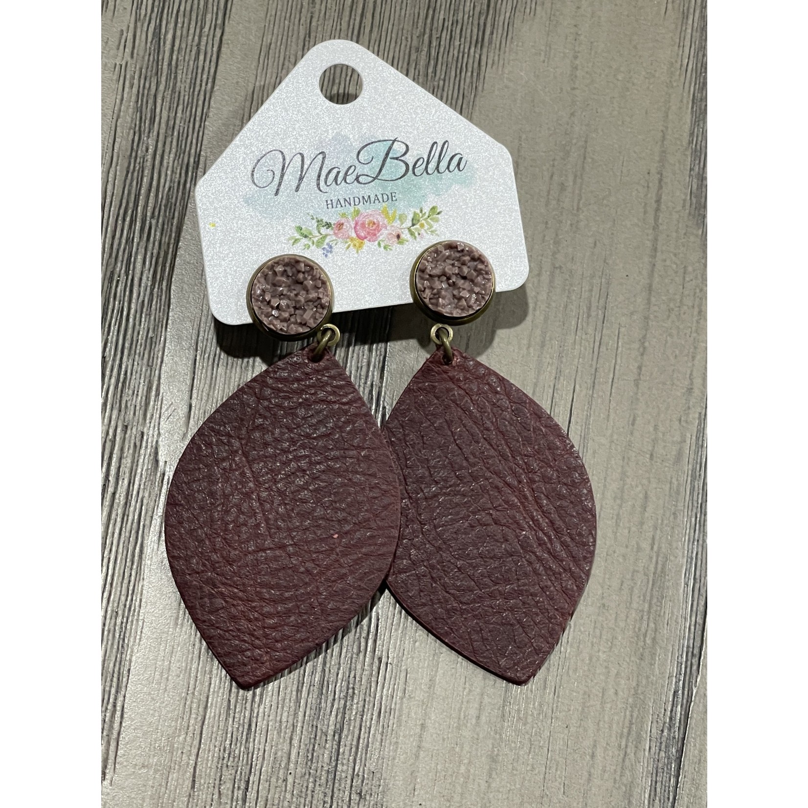 Mae Bella -Hazel Hill - Faire Druzy Drop Leather  Burgundy & Taupe Earrings