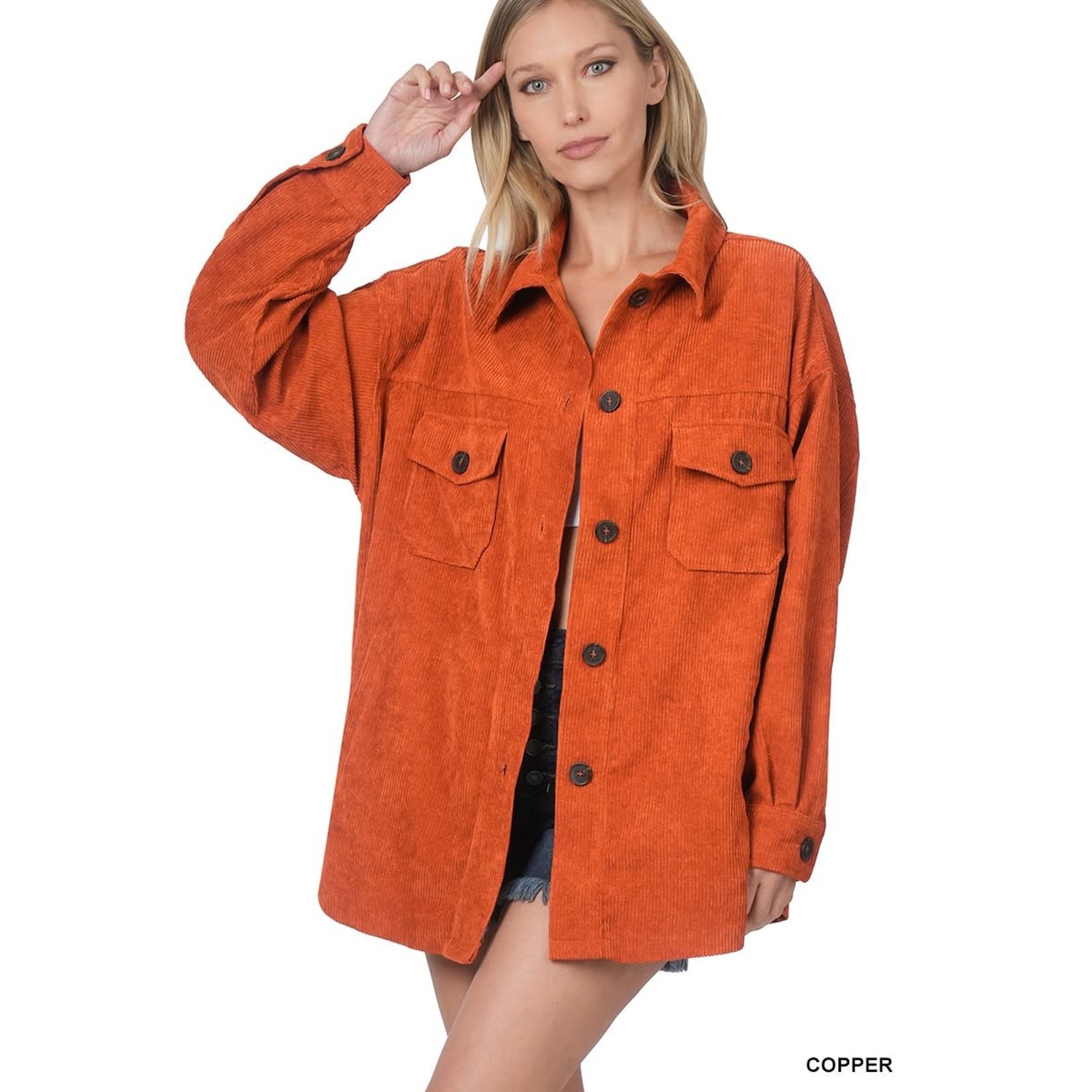 Zenana OVERSIZED CORDUOY BUTTON FRONT SHACKET WITH POCKETS