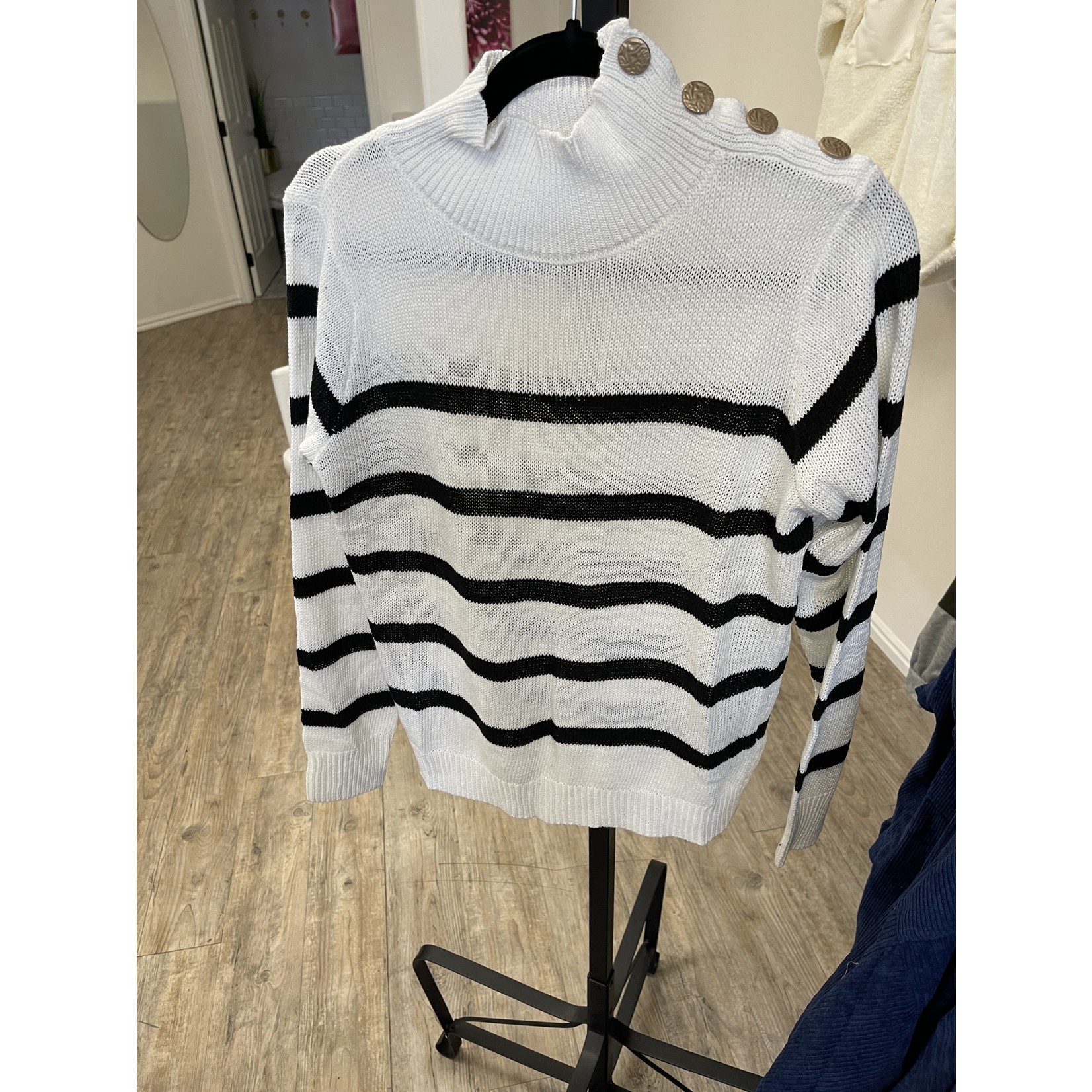 Rosa Clothing High Neck Shoulder Strap Buttoned Striped Sweater