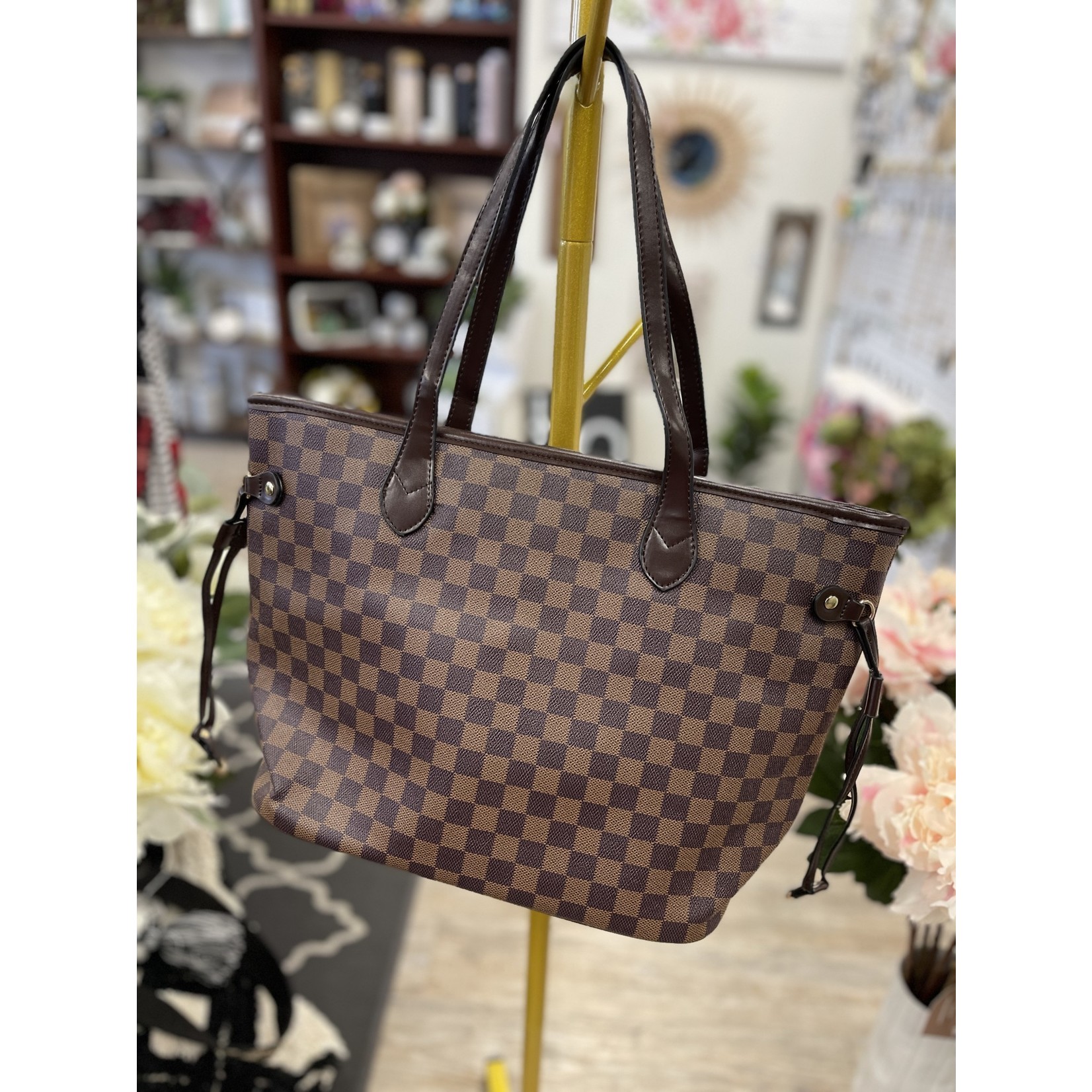 Lola Boutique Checkered Tote/Handbag with Pouch - Brown