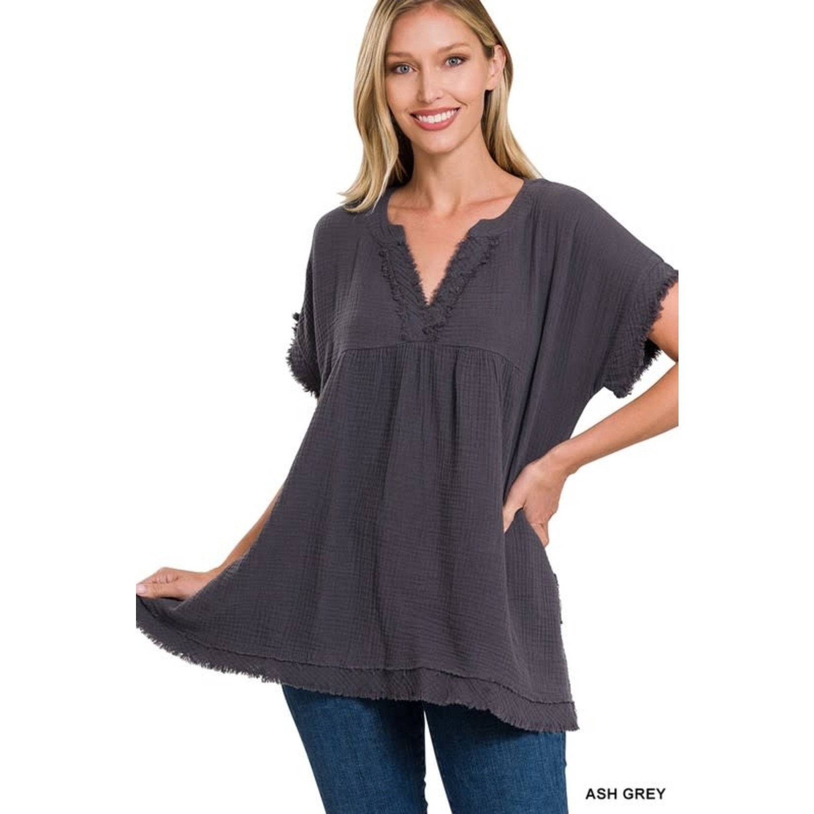 Zenana GAUZE RAW EDGE SHORT SLEEVE V-NECK SHIRT - RAW EDGE