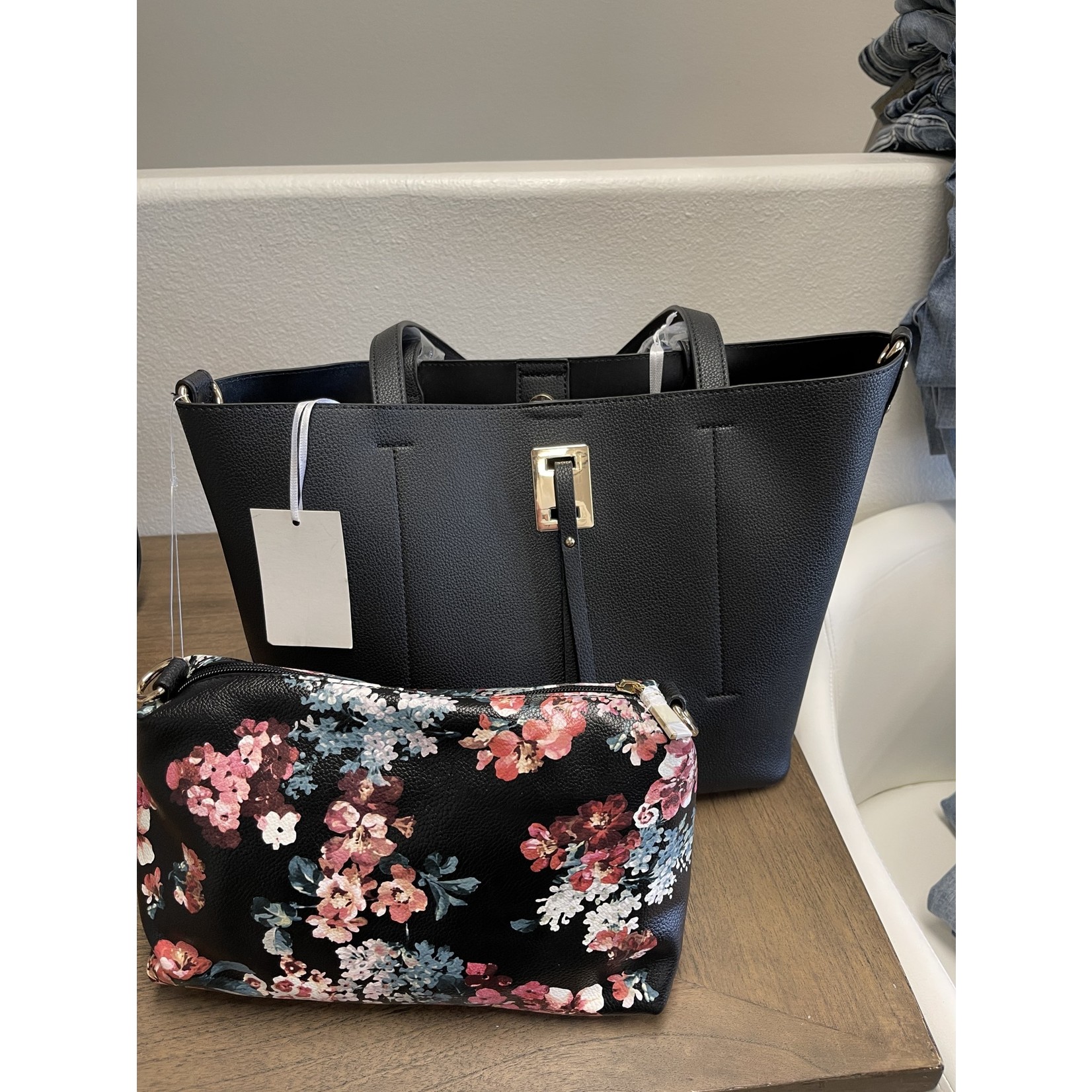 Lola Boutique Solid Black Handbag w/ additional Floral Clutch