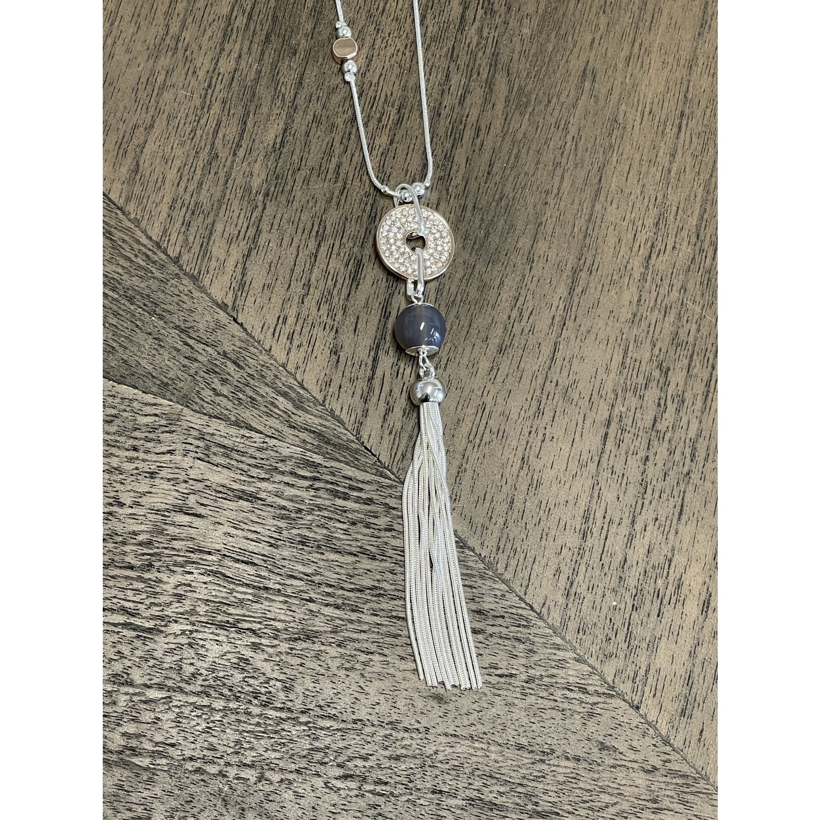 American Unique  Group Silver Snake Chain w/ Grey Bead, Tassel, Circle Bling Necklace