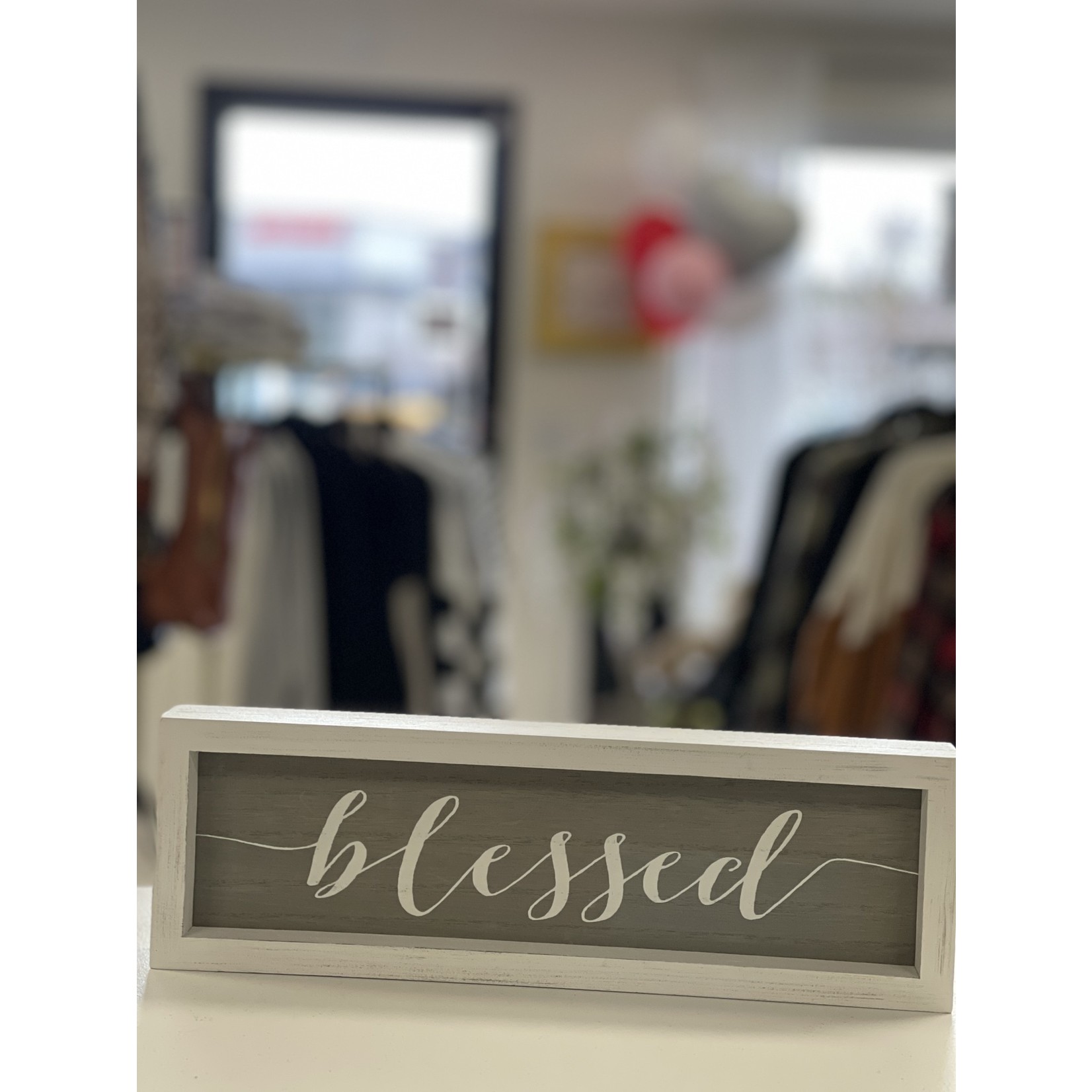 Blessed Saying in Wood Box w/ Grey Background and White Writing