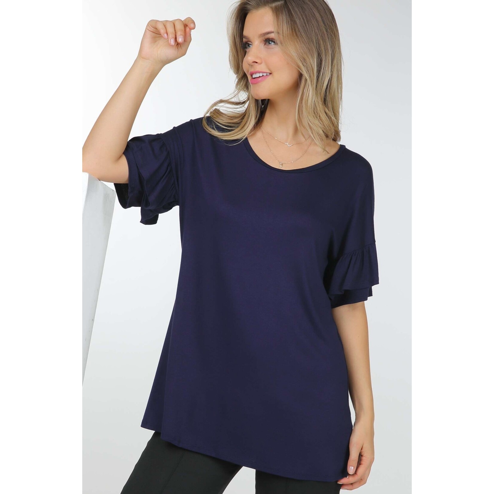 Shop Basic USA Knit Top With Short Ruffle Sleeves and Round Neck